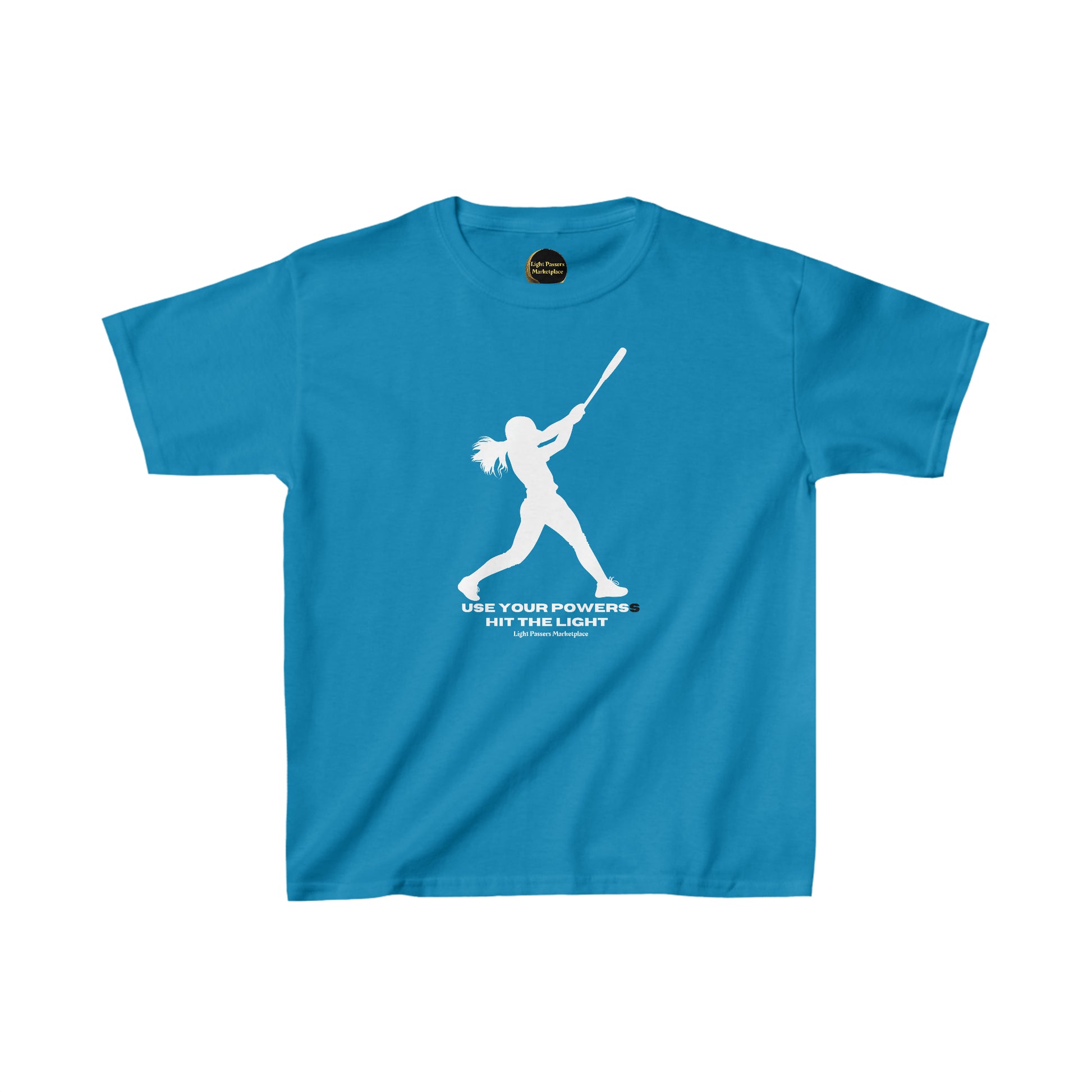 Youth blue shirt featuring a girl swinging a bat silhouette. 100% cotton tee with twill tape shoulders, ribbed collar, and tear-away labels. Ethically made with US cotton.