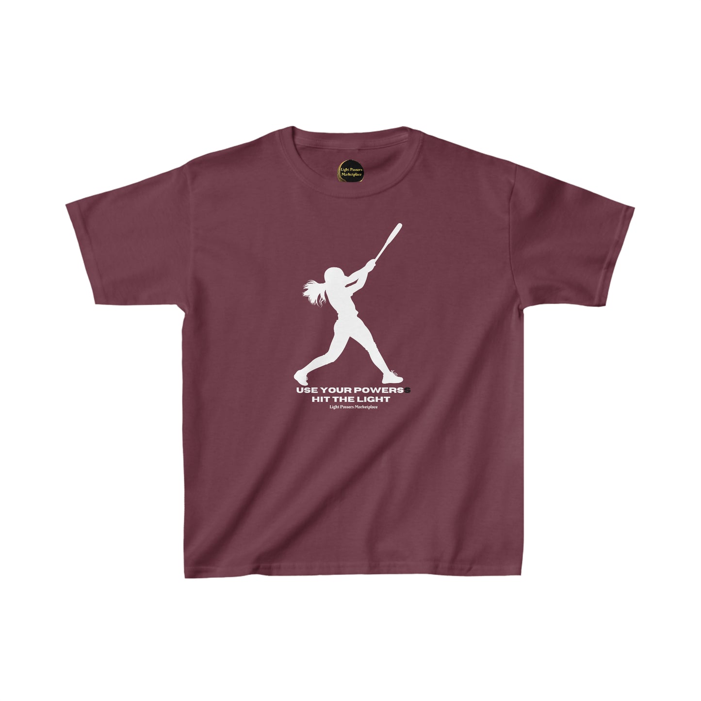 Youth purple shirt featuring a girl swinging a bat silhouette. 100% cotton tee with twill tape shoulders, ribbed collar, and ethical US cotton. Ideal for everyday wear.