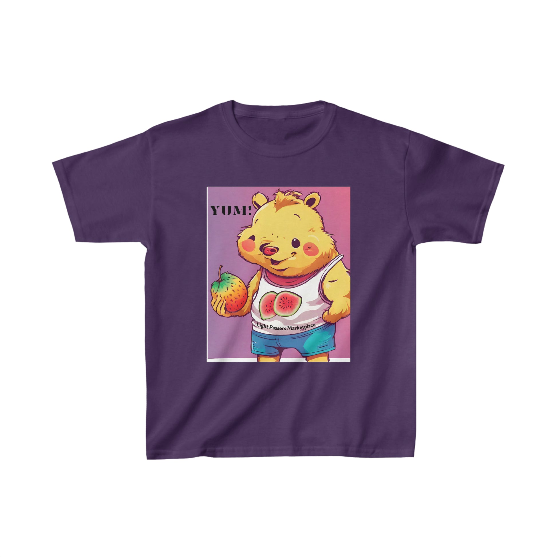 Youth T-shirt featuring a cartoon bear holding a fruit, ideal for everyday wear. Made of 100% cotton for solid colors, with twill tape shoulders for durability and a curl-resistant collar. Ethically sourced US cotton.