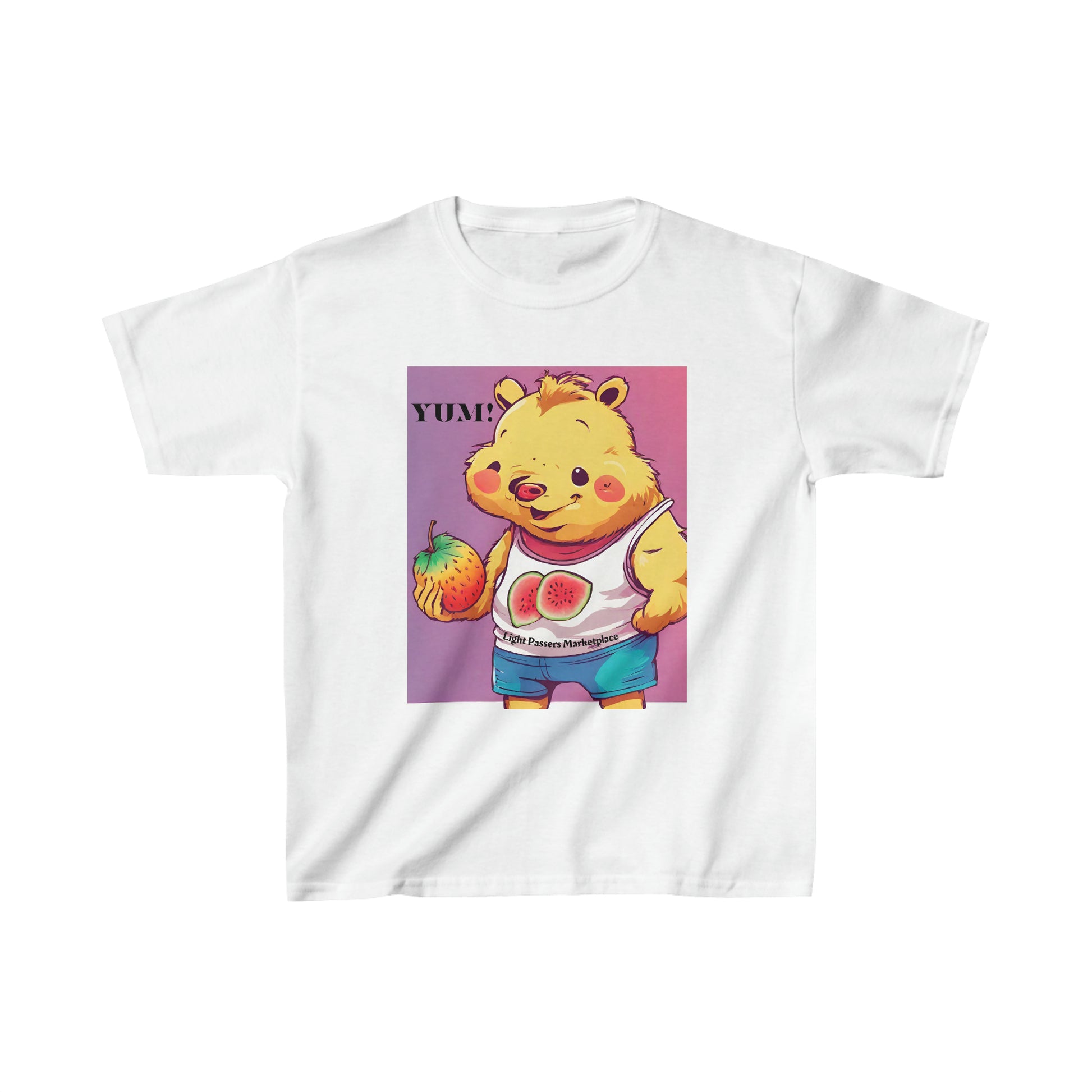 A white youth t-shirt featuring a cartoon bear holding a strawberry, made of 100% cotton with twill tape shoulders for durability and a curl-resistant collar. Ethically sourced and Oeko-Tex certified.