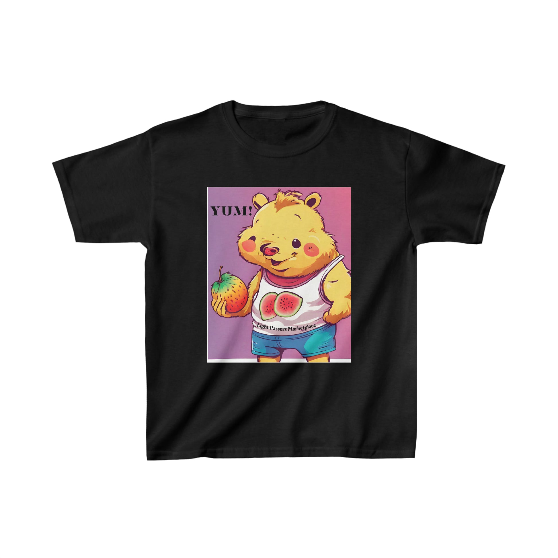 Youth black cotton tee featuring a cartoon bear holding a fruit. Made with 100% US cotton, ribbed collar, tear-away labels, and ethical production. Ideal for everyday wear.