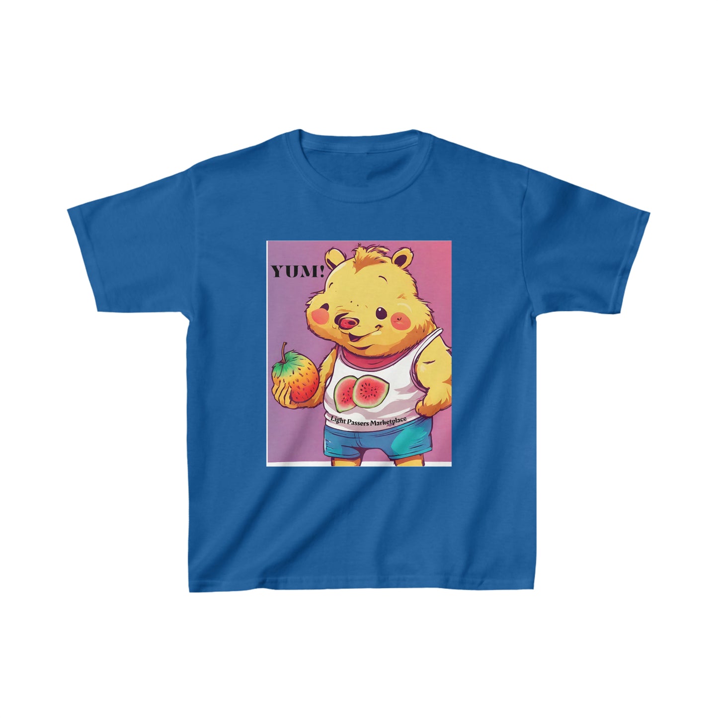 Youth T-shirt featuring a cartoon bear holding a fruit, emphasizing a playful design. Made of 100% cotton, with twill tape shoulders for durability and ribbed collar for curl resistance.