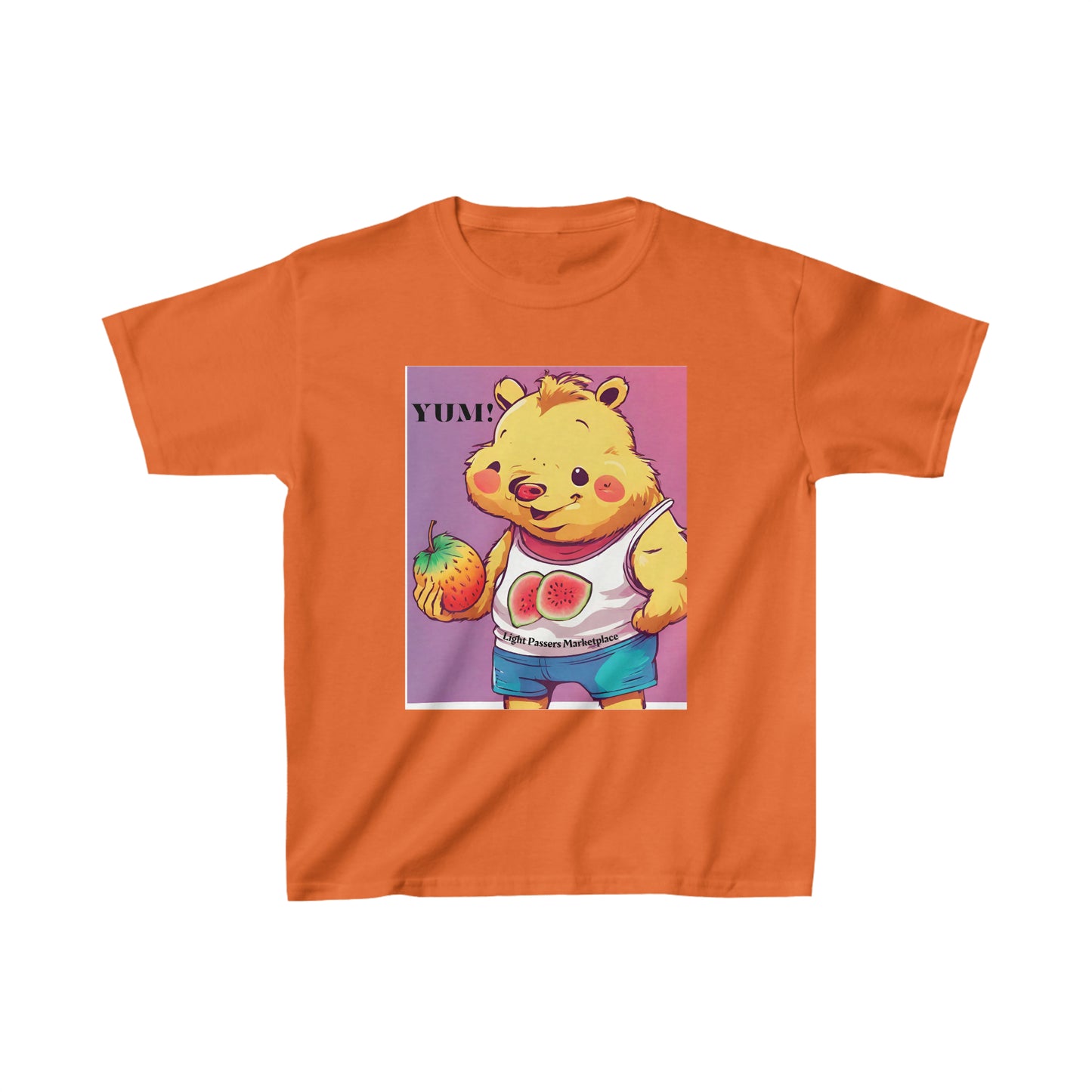 Youth T-shirt featuring a cartoon bear holding a fruit, ideal for daily wear. Made of 100% cotton, with twill tape shoulders for durability and a curl-resistant ribbed collar. Ethically sourced US cotton.