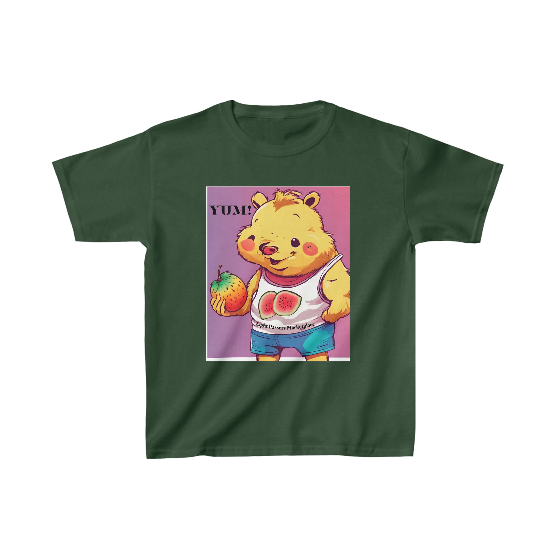 A green youth t-shirt featuring a cartoon bear holding a fruit, made of 100% cotton for comfort and durability. Ideal for everyday wear with twill tape shoulders and curl-resistant collar.