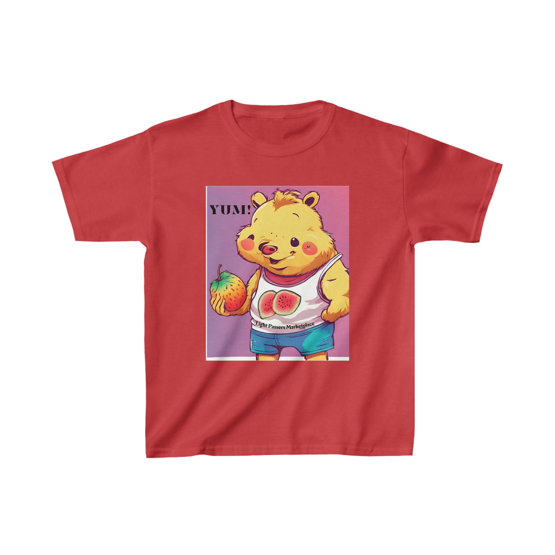 Youth red shirt featuring a cartoon bear holding a fruit, ideal for everyday wear. Made of 100% cotton for solid colors, with twill tape shoulders for durability and ribbed collar for curl resistance.