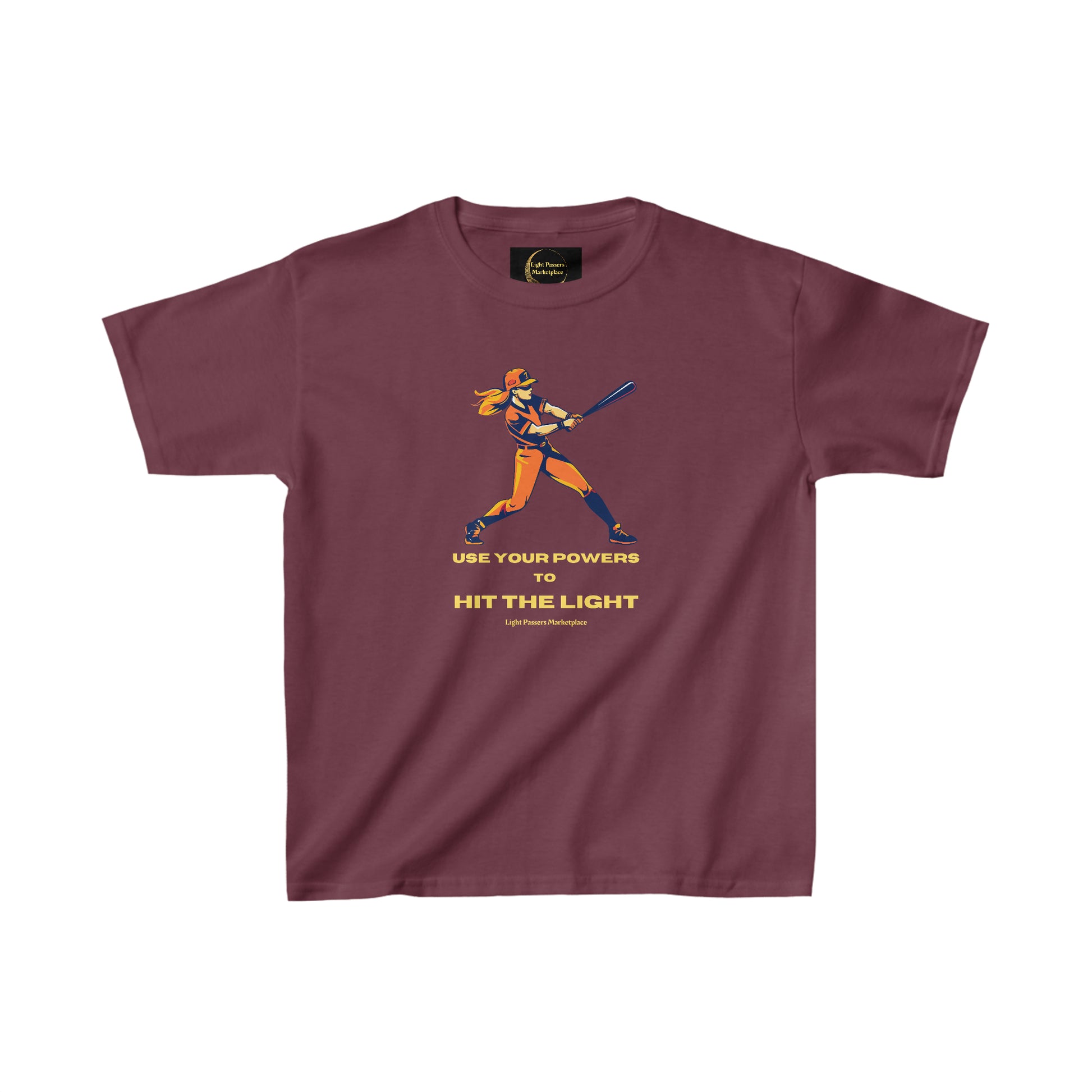 A purple youth t-shirt featuring a girl holding a baseball bat, made of 100% cotton with twill tape shoulders for durability and a curl-resistant collar. Ethically sourced US cotton.