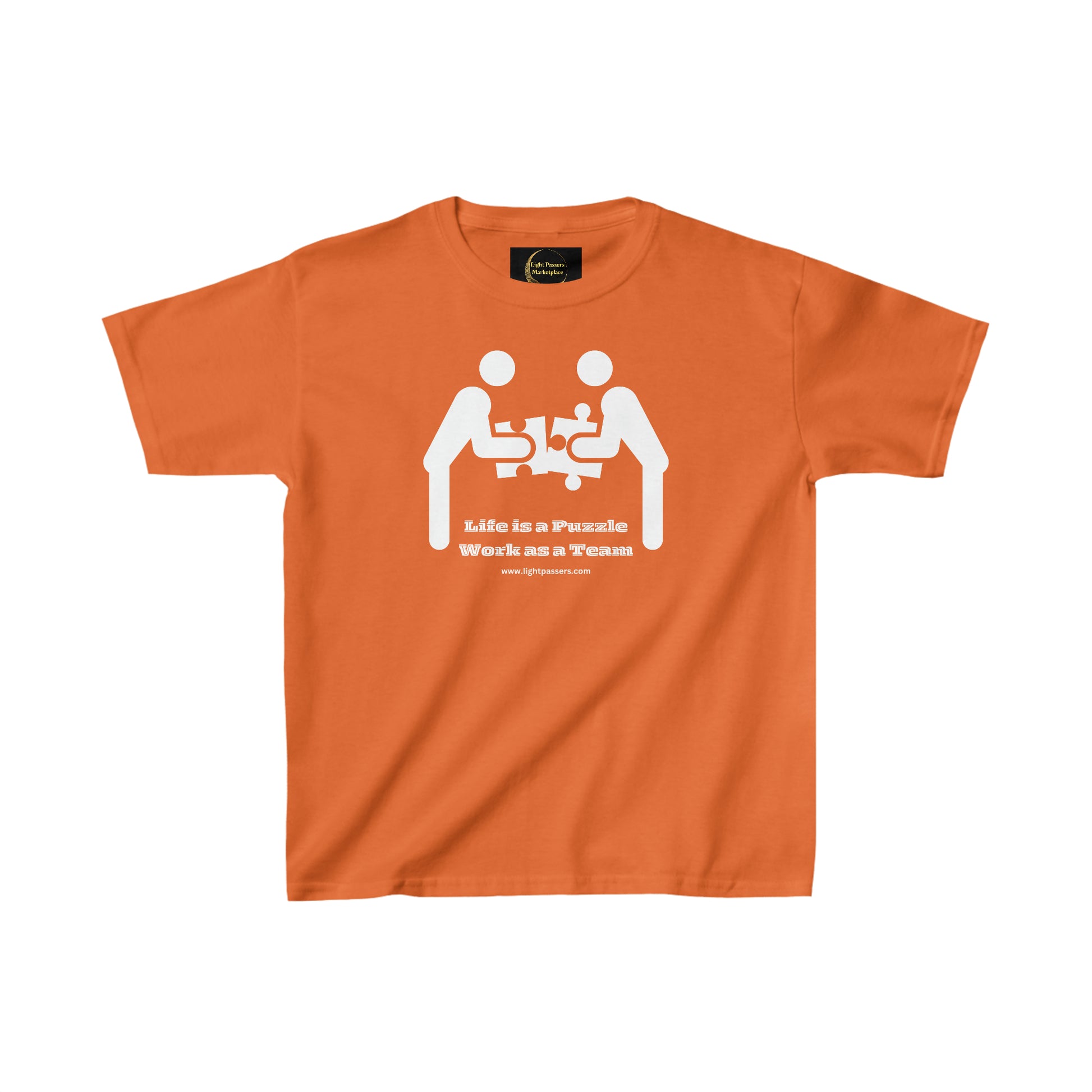 Youth t-shirt with graphic design: Life is a Puzzle Work with a Team. 100% cotton tee with twill tape shoulders, ribbed collar, tear-away label, and no side seams. Classic fit, midweight fabric.