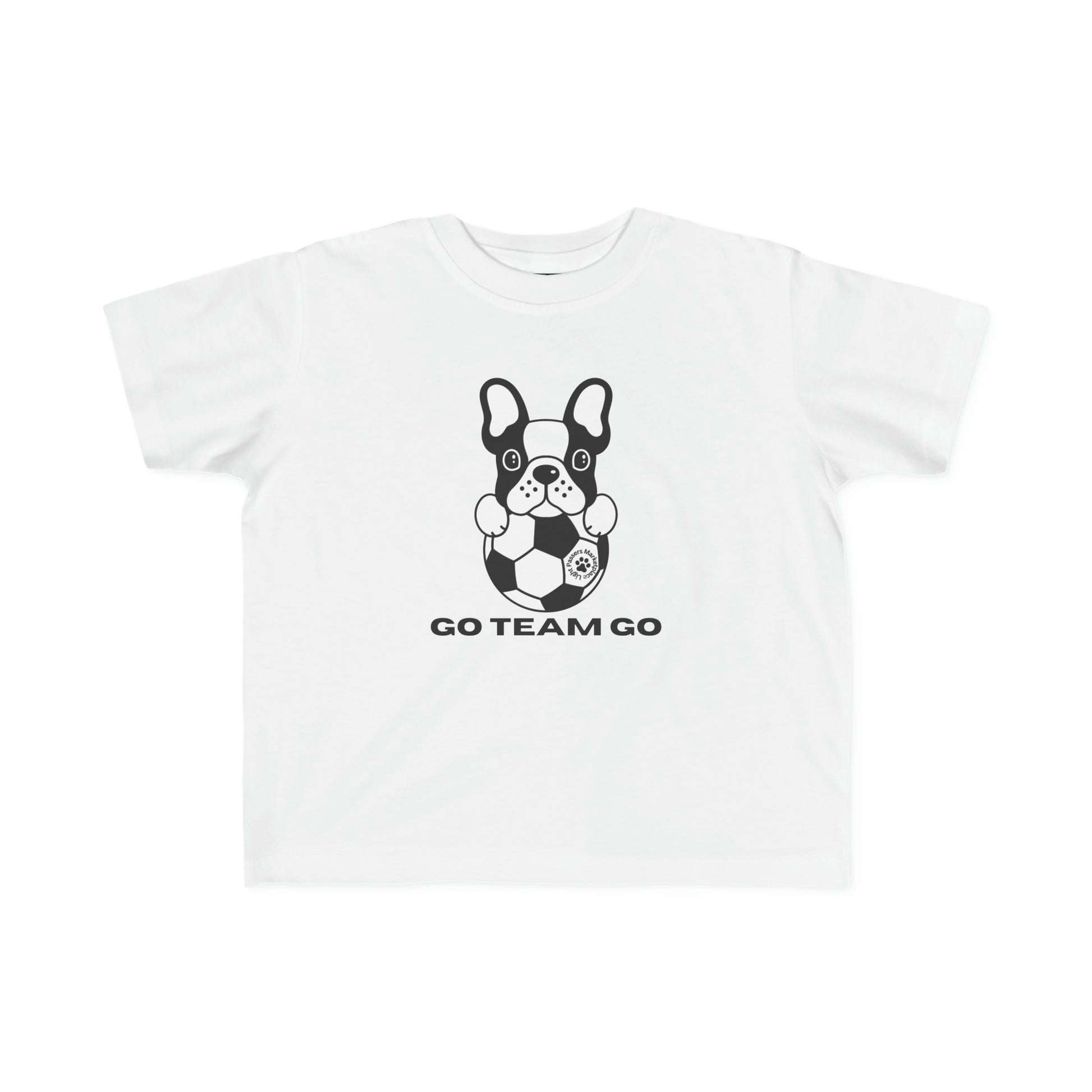 A toddler's white tee featuring a dog with a football, crafted from soft 100% combed cotton. Durable print, light fabric, tear-away label, classic fit, true to size.