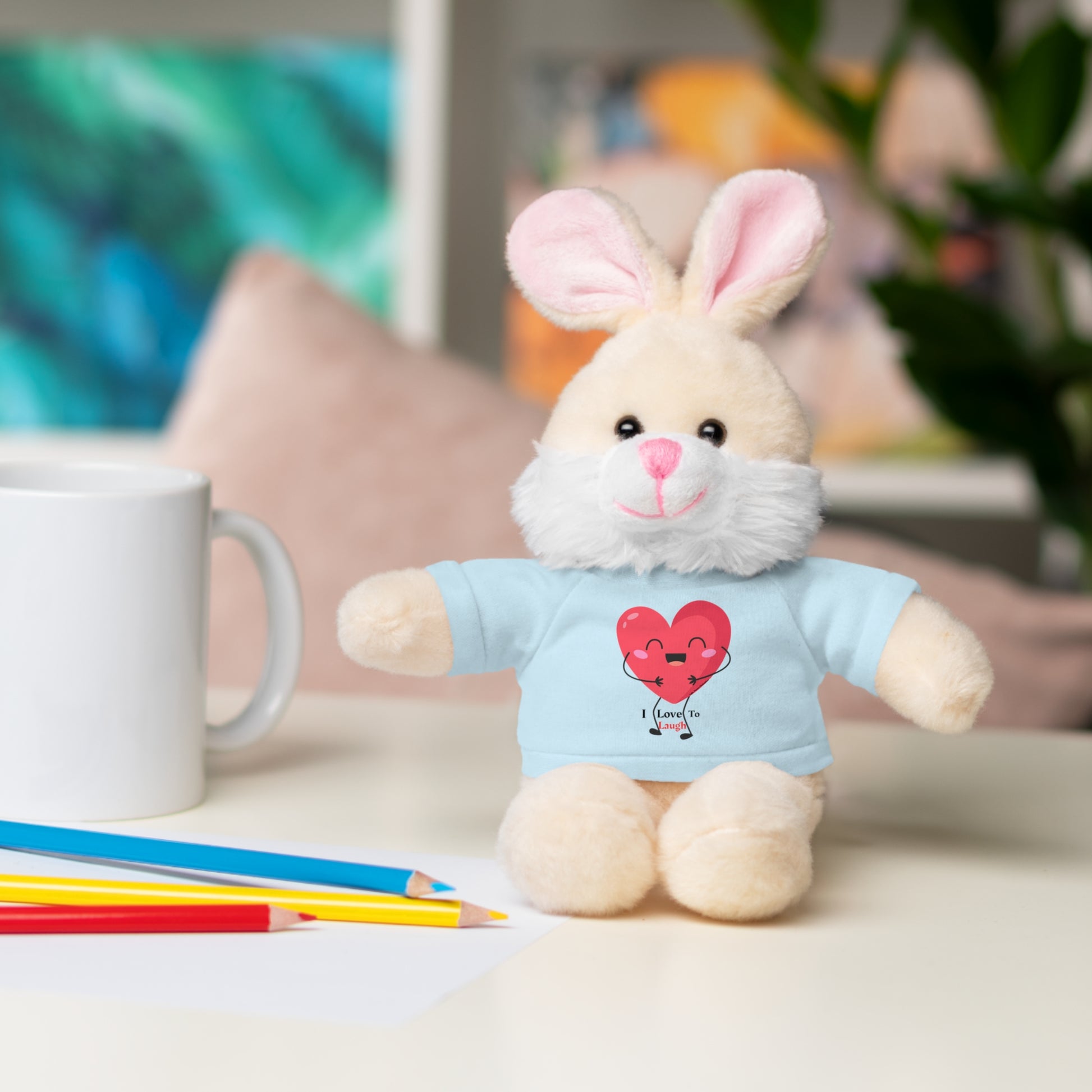 Stuffed bunny toy wearing a customizable I Love to Laugh shirt, part of Cool Stuff Stuffies collection, ideal for gifting and hugs.