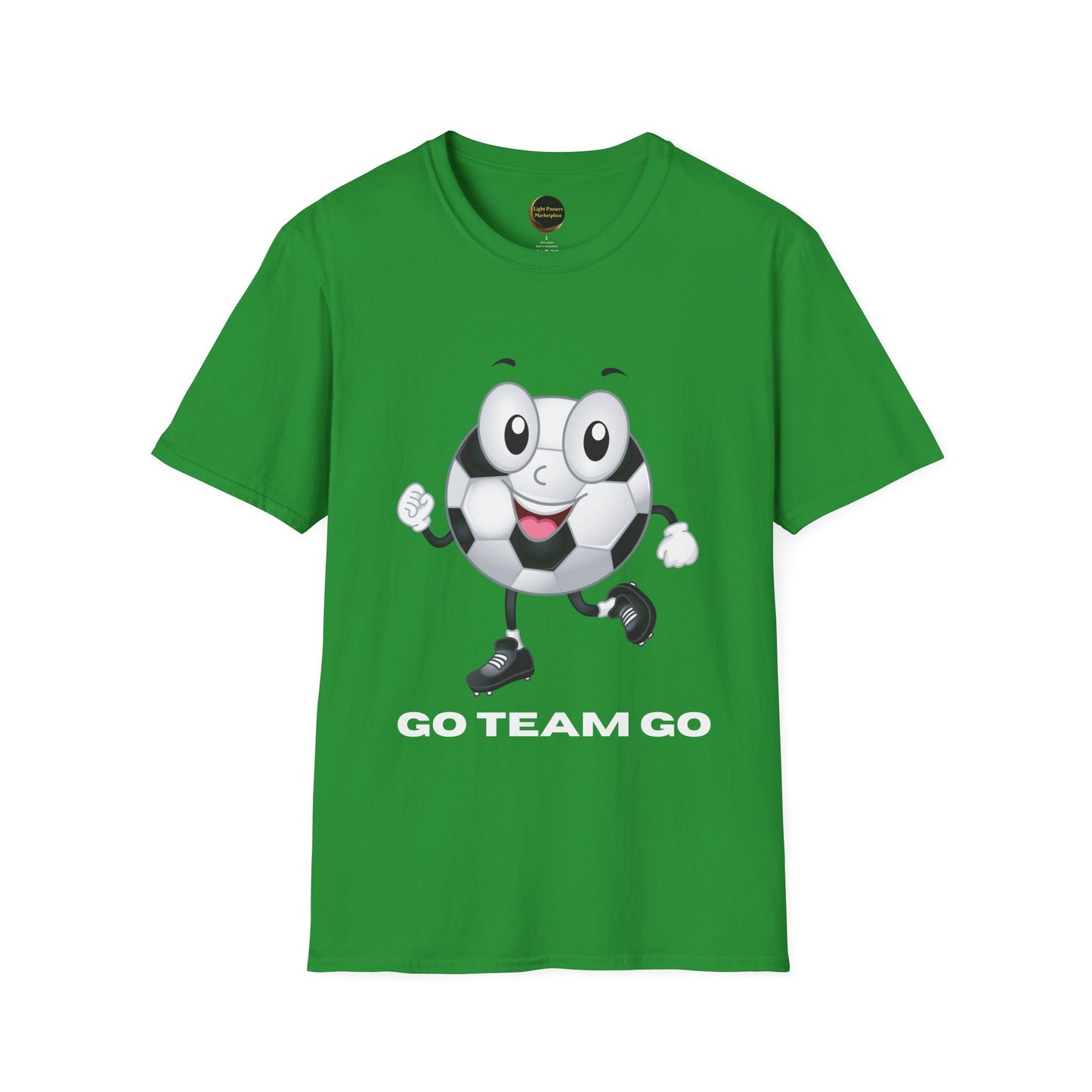 Adult Unisex Cute 'Go Team Go' Soccer T-Shirt — Soccer Ball Guy Cartoon SoccerTee (Great Gift)