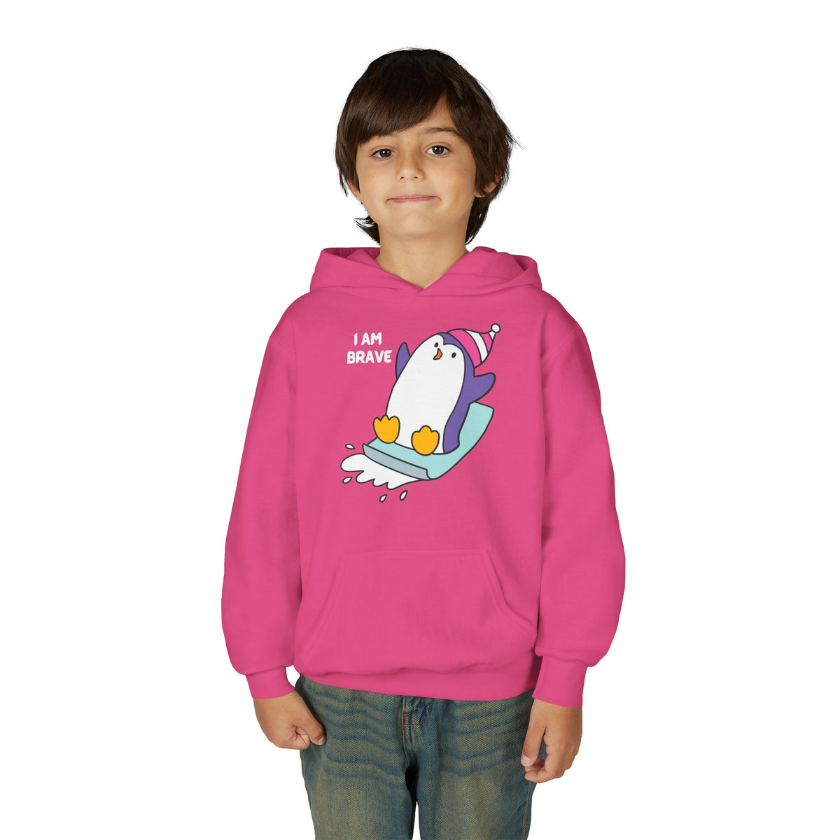 Brave Penguin Youth Hoodie – Cute Sledding Penguin "I Am Brave" Kids Sweatshirt