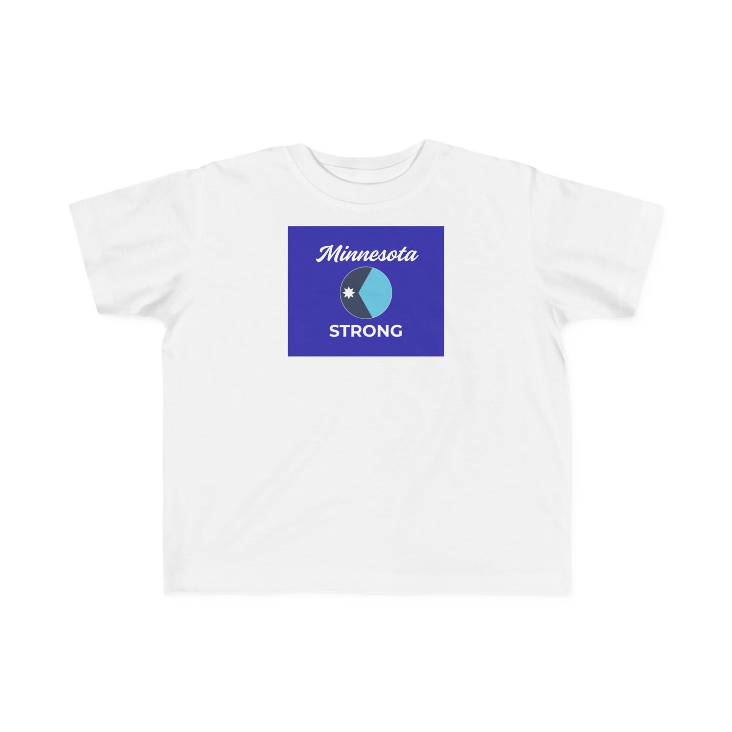 White toddler T-shirt featuring Minnesota STRONG with a two-tone circle graphic, designed for comfort and community pride. Part of the Light Passers Marketplace collection.