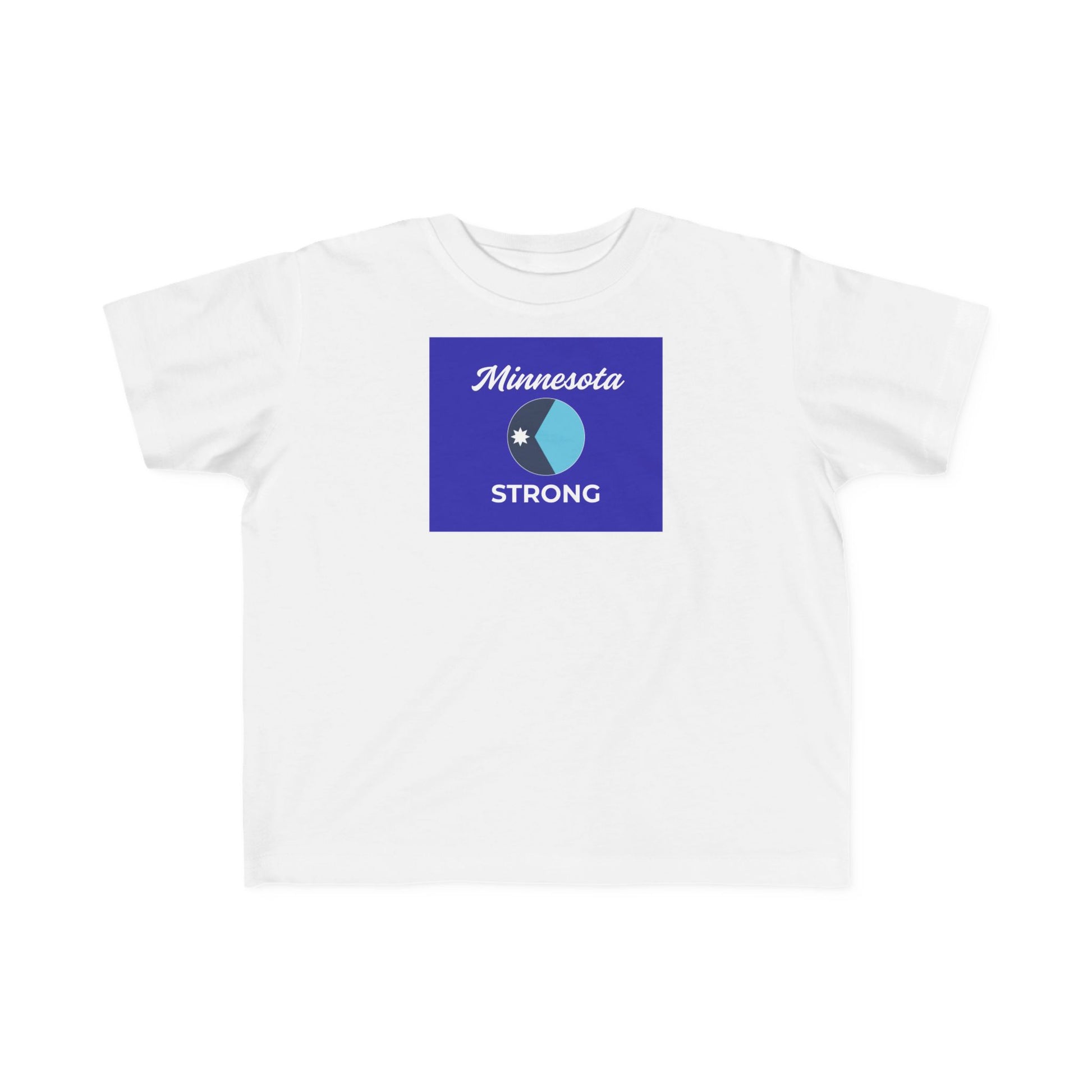 White toddler T-shirt featuring Minnesota STRONG with a two-tone circle graphic, designed for comfort and community pride. Part of the Light Passers Marketplace collection.