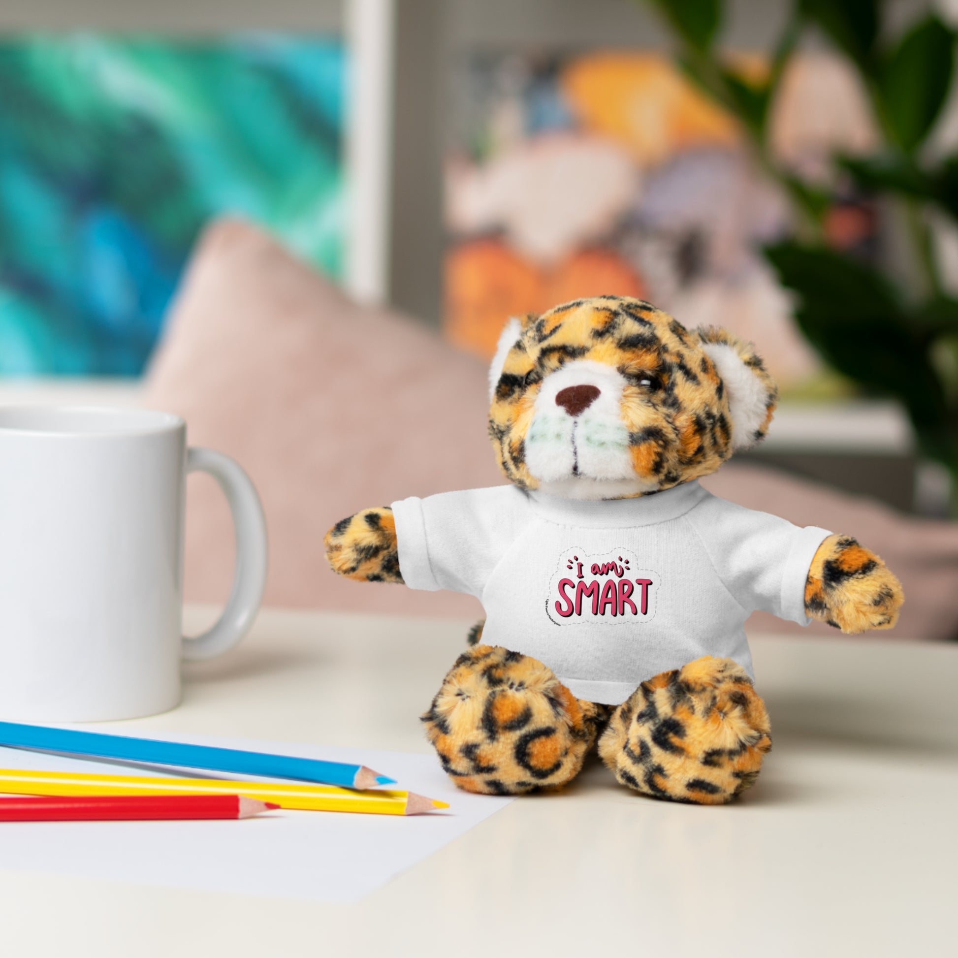 Six plush animals, each wearing a removable T-shirt with 'I am Smart' message, from Cool Stuff Stuffies, perfect for educational play.
