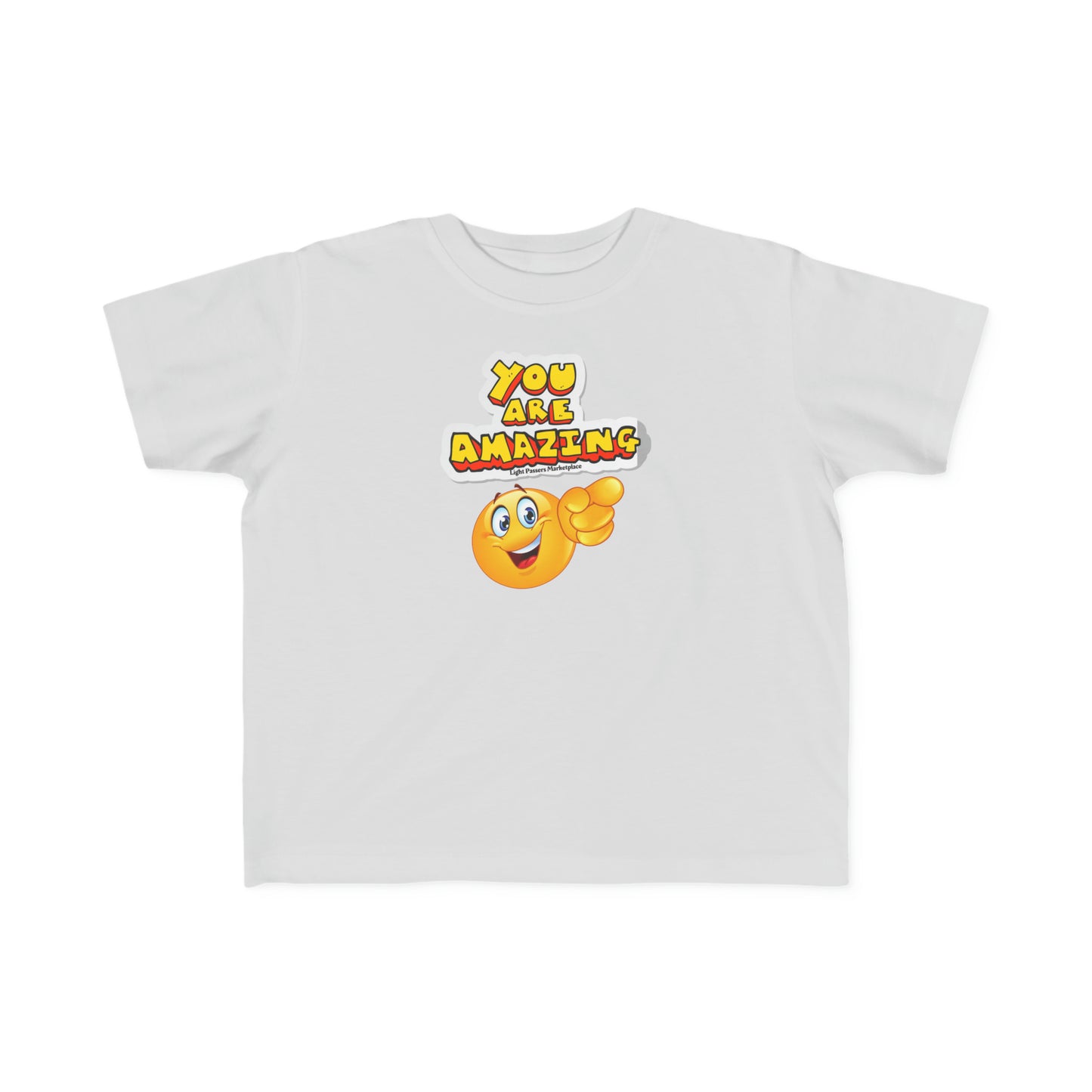 A white toddler tee featuring a cartoon face pointing, with a durable print perfect for sensitive skin. Made of 100% combed cotton, light fabric, tear-away label, and a classic fit.