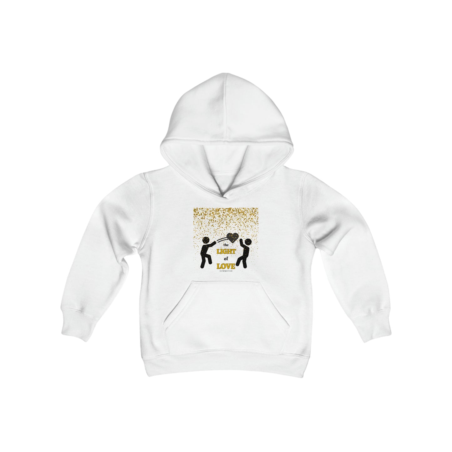 Youth blend hooded sweatshirt featuring a white hoodie with people playing and dancing with a heart design. Made of soft, preshrunk fleece with kangaroo pocket and reinforced neck.