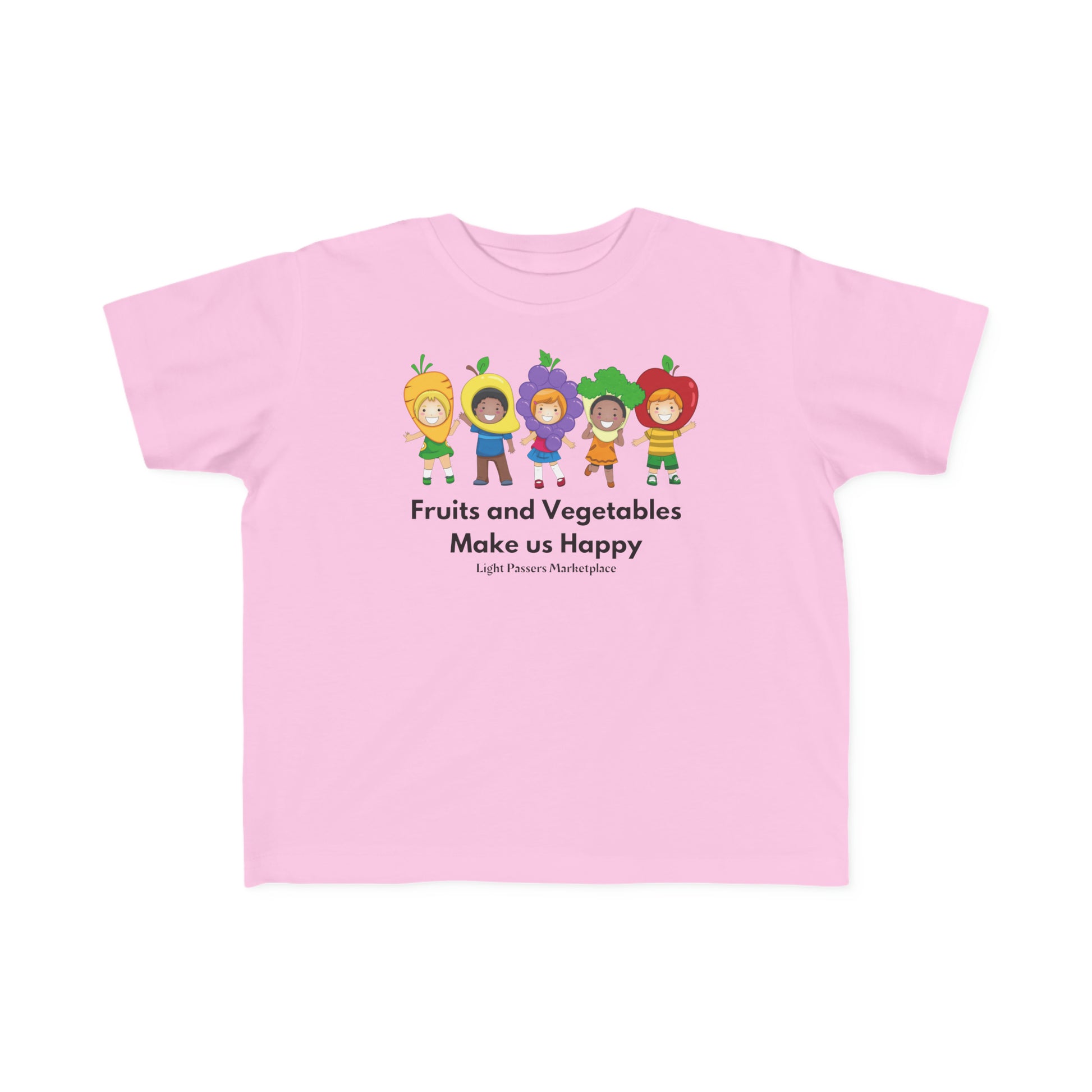 A toddler's tee featuring cartoon characters in fruit and vegetable outfits. Soft, 100% combed cotton, durable print, tear-away label, classic fit, 4.5 oz/yd² fabric. Perfect for sensitive skin.