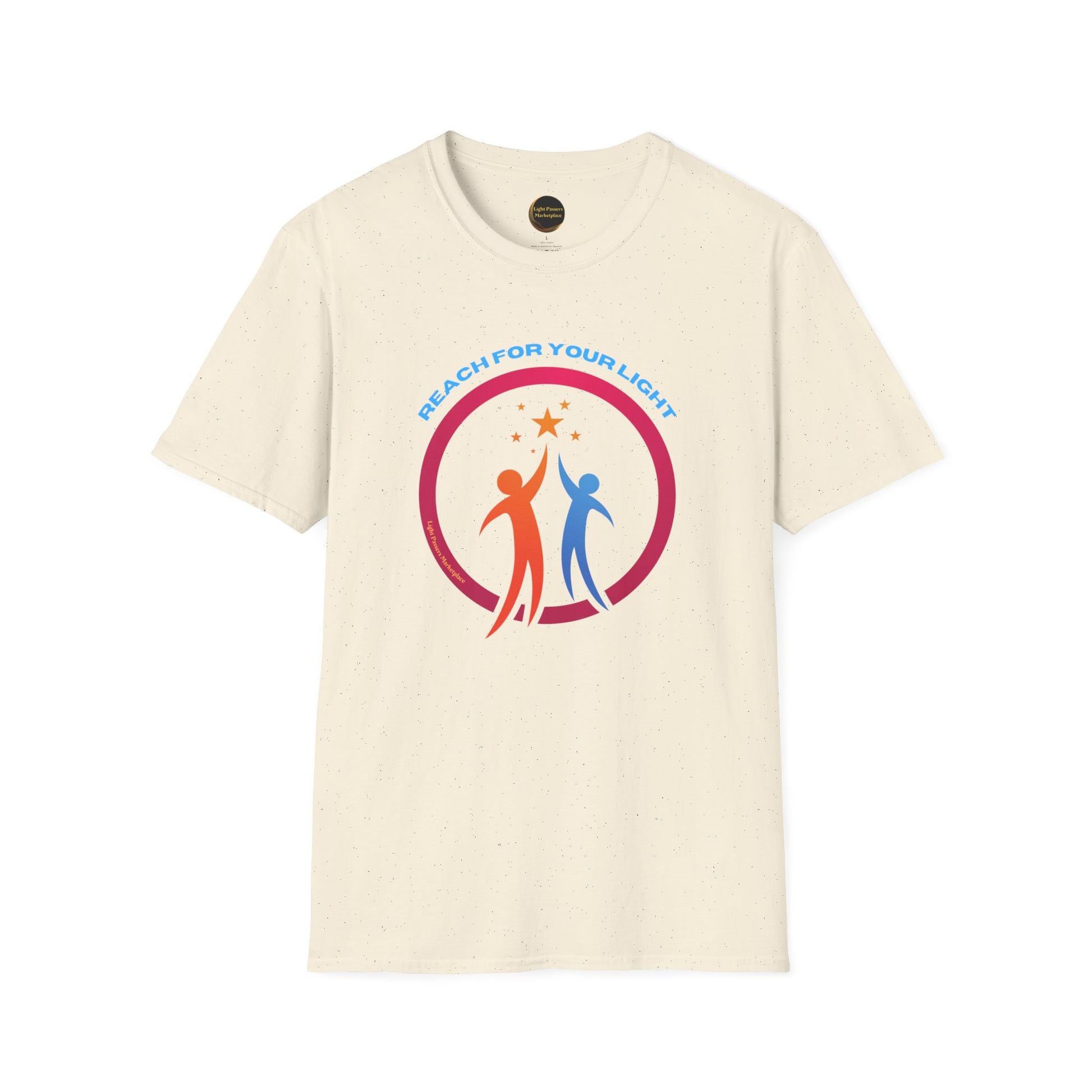 A white unisex t-shirt with a logo, featuring people holding a star. Made of soft 100% cotton, with twill tape shoulders for durability and a ribbed collar. Lightweight and versatile for year-round wear. Ethically produced by Gildan.