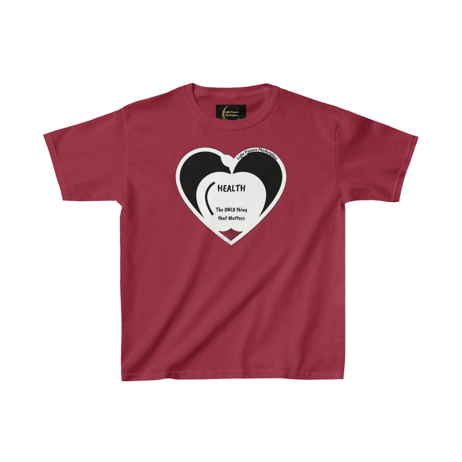 A red youth t-shirt featuring a heart design, made of 100% cotton for comfort and durability. Classic fit with tear-away labels, ideal for everyday wear.