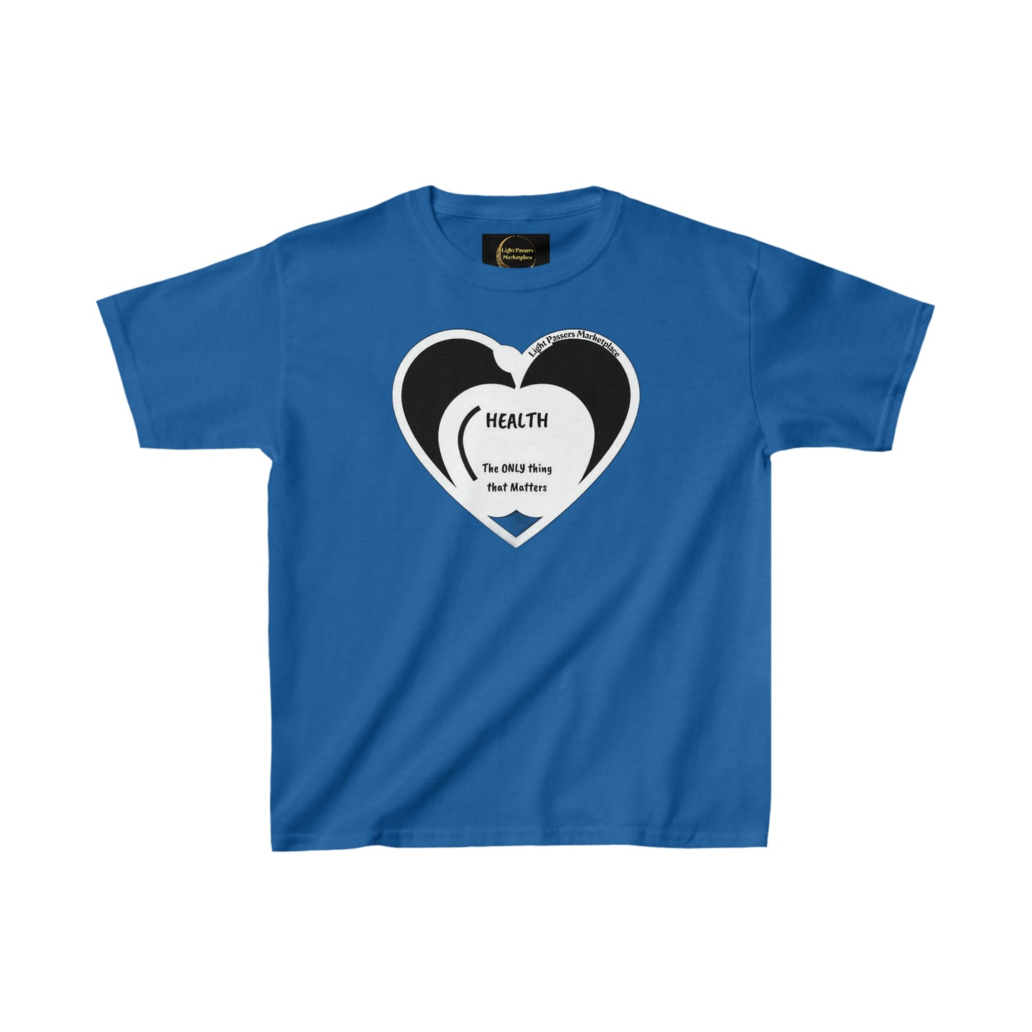 A blue youth t-shirt featuring a heart design, made of 100% cotton with twill tape shoulders for durability. Classic fit, tear-away labels, and ethically sourced US cotton.