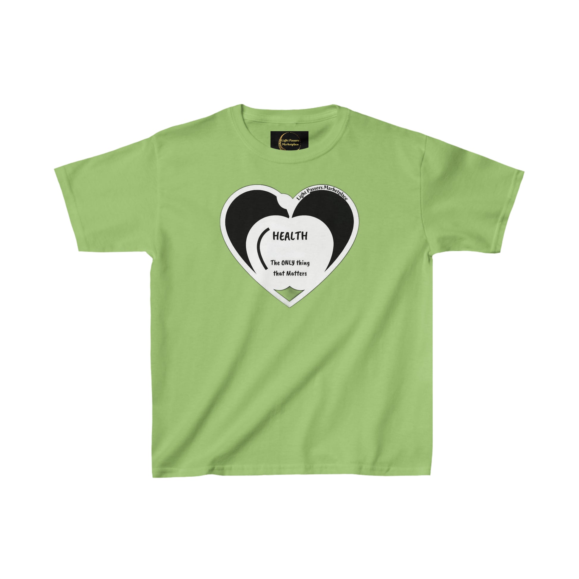 A green youth t-shirt featuring a heart design, made of 100% cotton for comfort and durability. Ethically sourced materials, tear-away labels, and a classic fit for everyday wear.