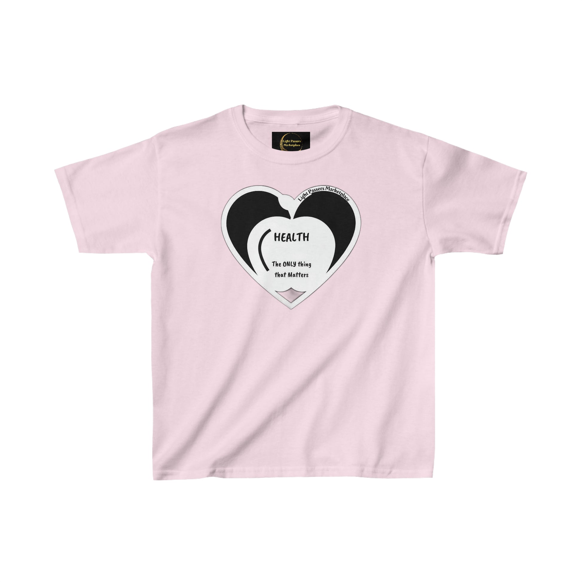 A pink youth t-shirt featuring a heart design, crafted from 100% cotton with twill tape shoulders for durability. Classic crew neckline and tear-away labels for comfort. Ethically made by Gildan.