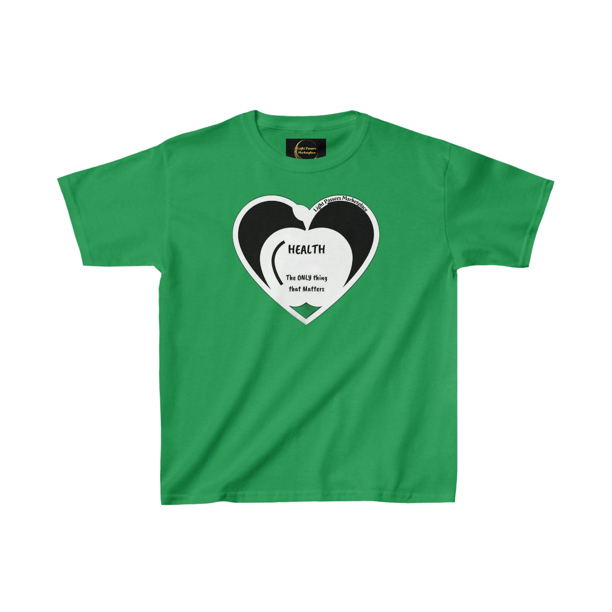 A green youth t-shirt featuring a heart design, made of 100% cotton for comfort and durability. Ideal for everyday wear, with twill tape shoulders and ribbed collar for lasting quality.