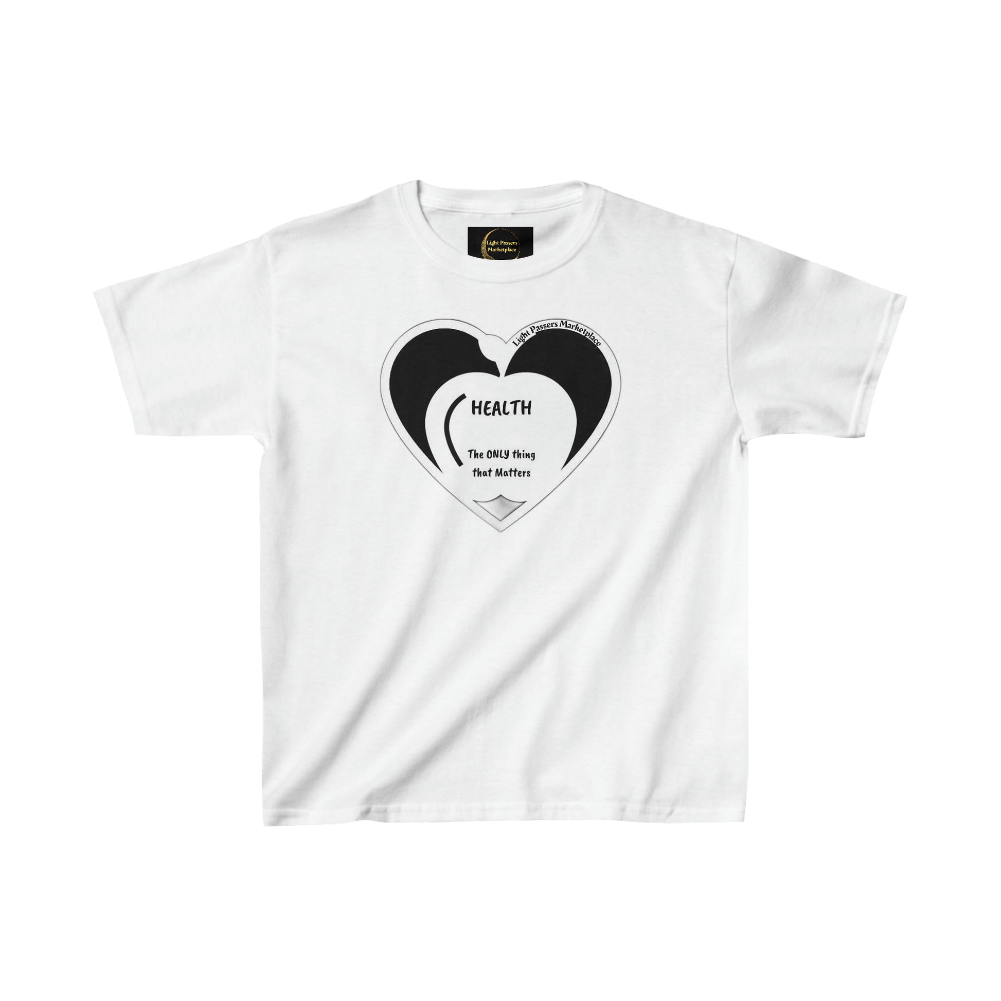 A white youth t-shirt featuring a heart design, made of 100% cotton with twill tape shoulders for durability. Classic fit with tear-away labels for comfort. Ethically sourced US cotton.