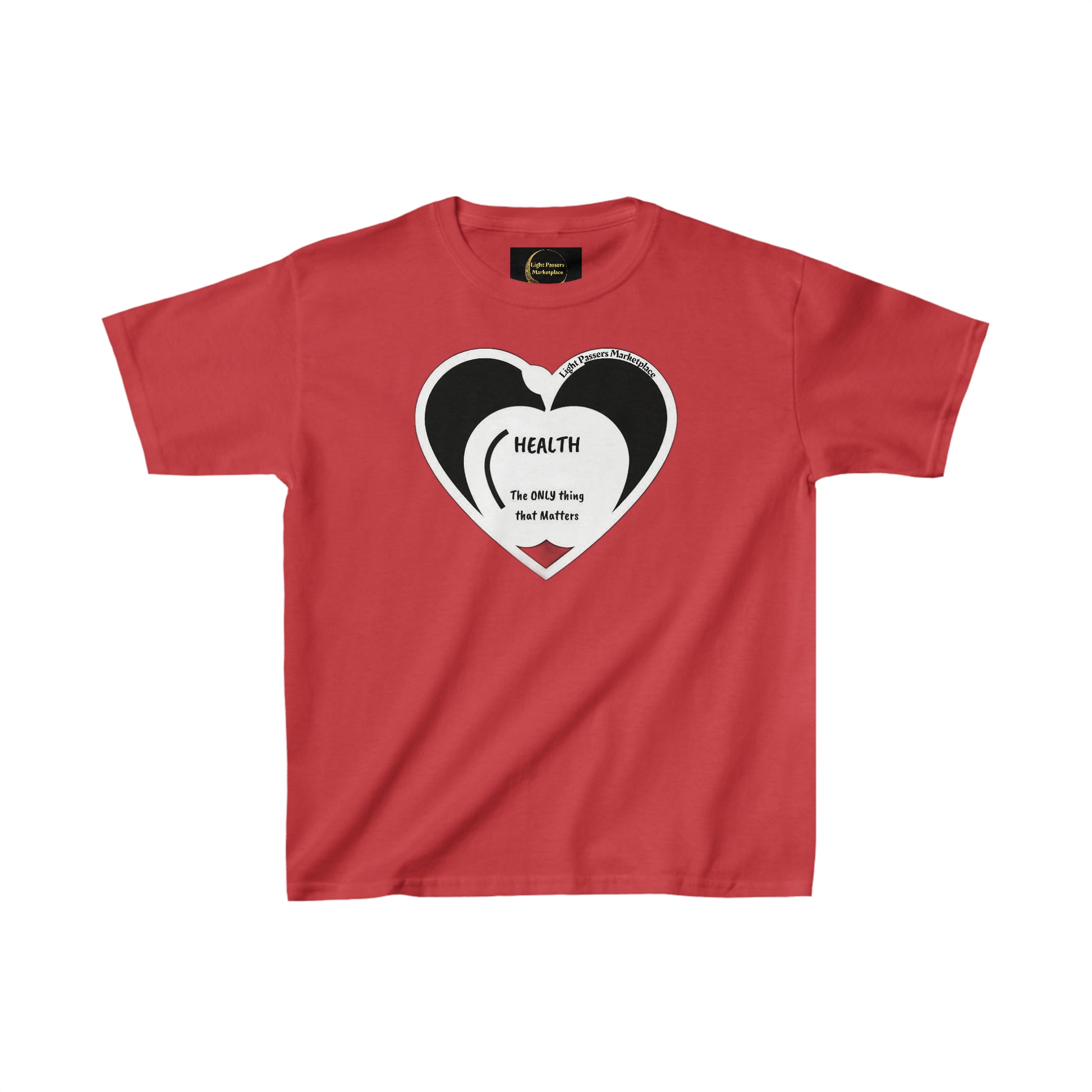 A red youth t-shirt featuring a heart design, made of 100% cotton with twill tape shoulders for durability. Classic fit, tear-away labels, ethically sourced US cotton.