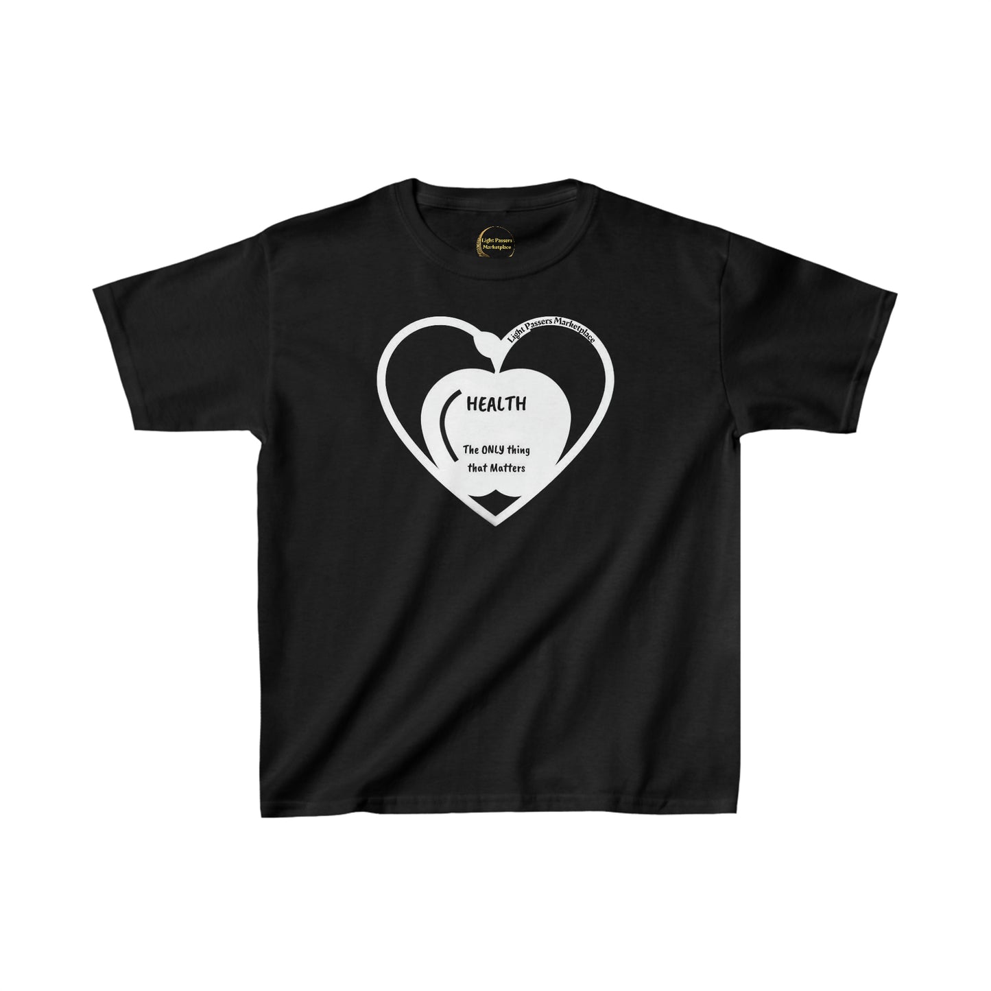 Youth black t-shirt with white heart logo, ideal for daily wear. 100% cotton fabric, twill tape shoulders, and curl-resistant collar for durability. Ethically made in the US by Gildan.