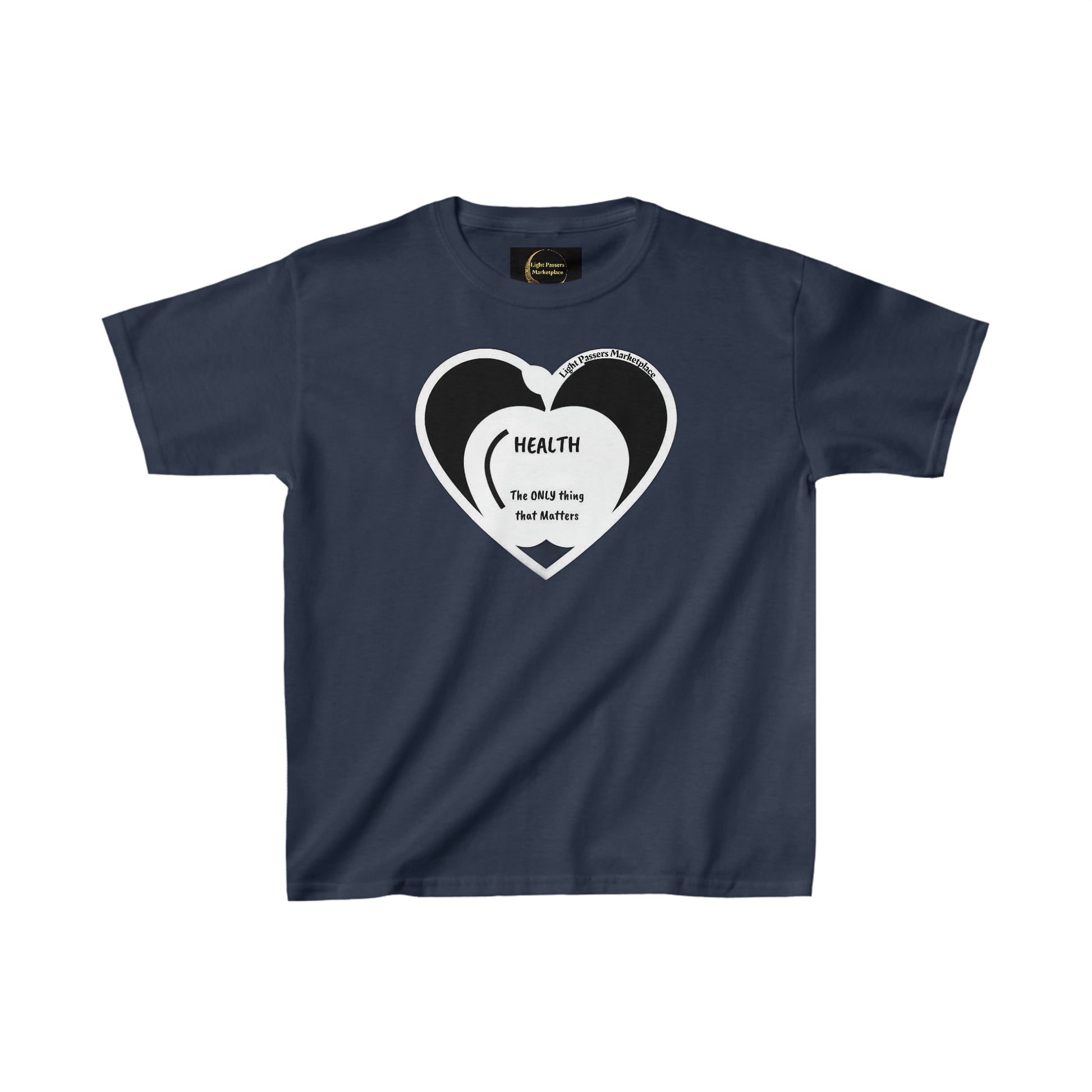 A blue youth t-shirt featuring a heart design, made of 100% cotton for comfort and durability. Ethically sourced and perfect for everyday wear.