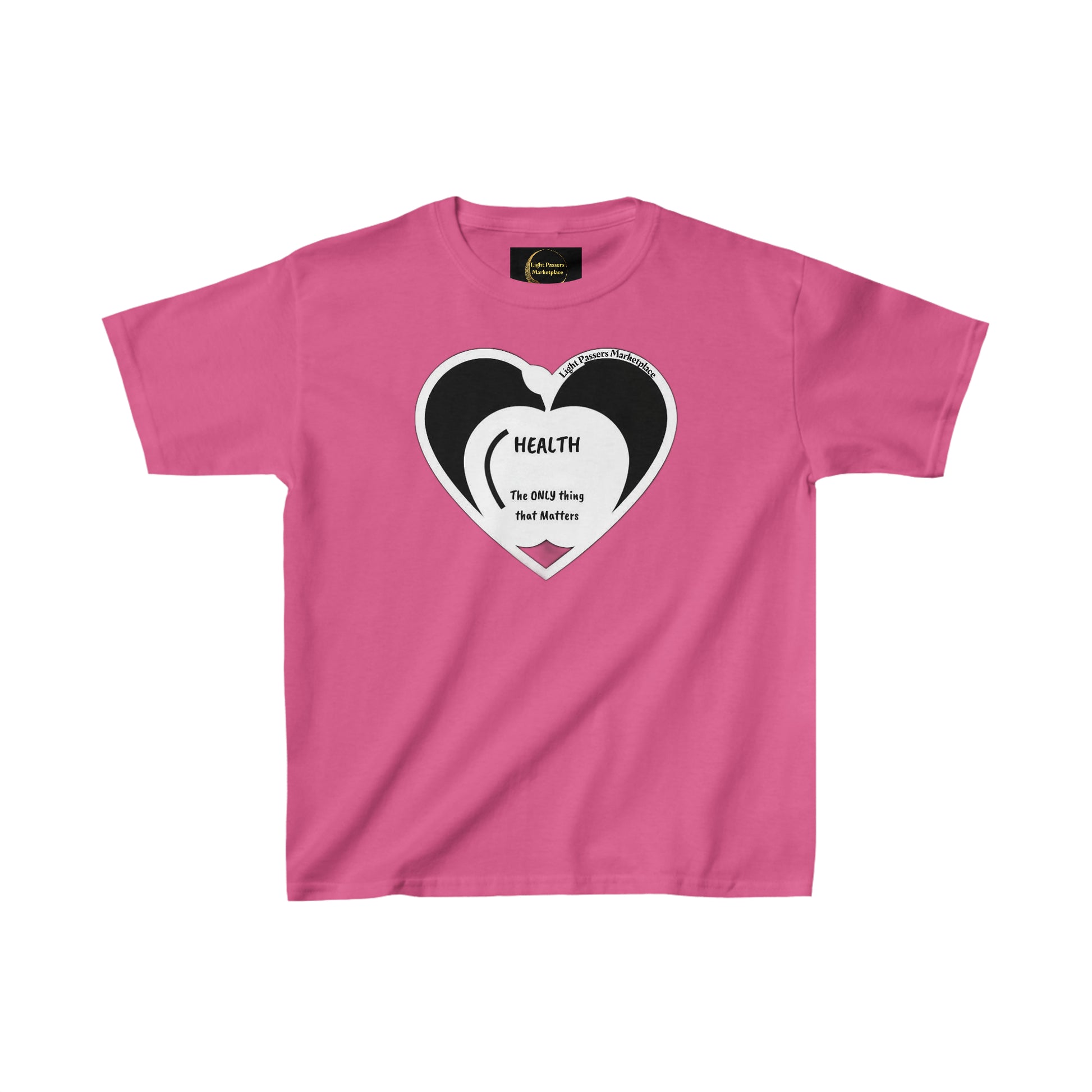 A pink youth t-shirt featuring a heart design, made of 100% cotton with twill tape shoulders and ribbed collar for durability and comfort. Ethically sourced and Oeko-Tex certified.