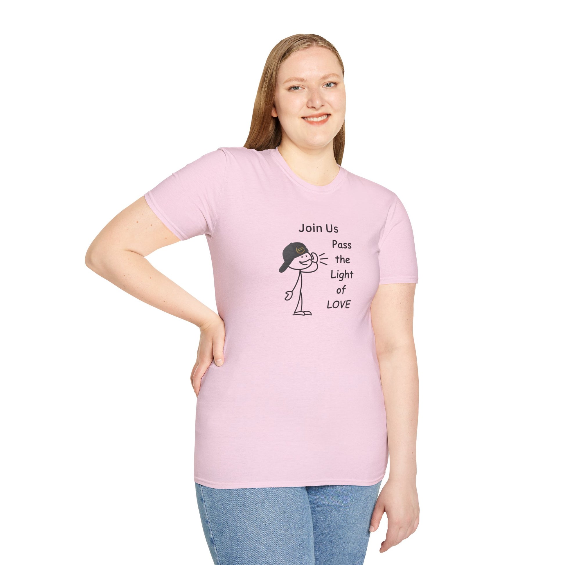 A woman in a pink shirt poses with a cartoon character wearing a hat on a heavy cotton tee. No side seams for comfort, ideal for personalized designs. Unisex, classic fit, 100% cotton.