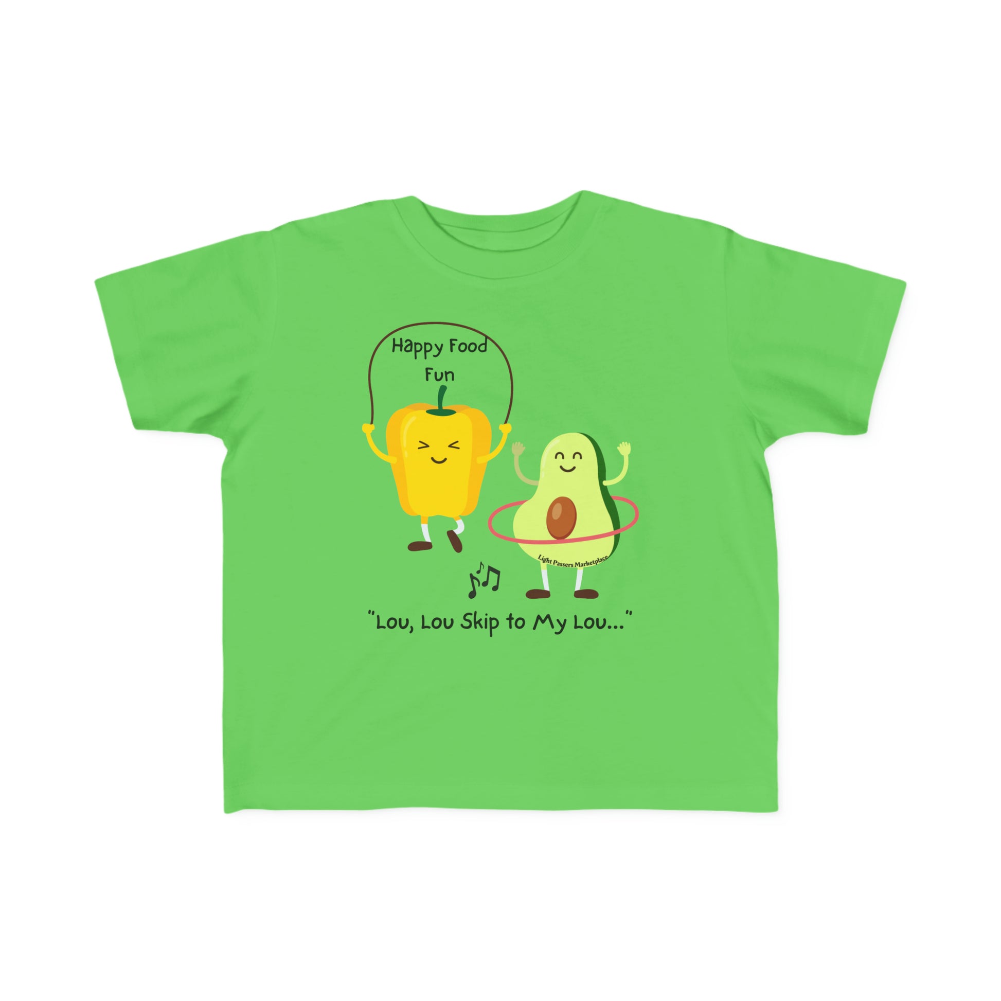 A Skip To My Lou Toddler T-shirt featuring cartoon vegetables and characters, perfect for sensitive skin. Made of 100% combed, ring-spun cotton with a durable print. Classic fit, light fabric.