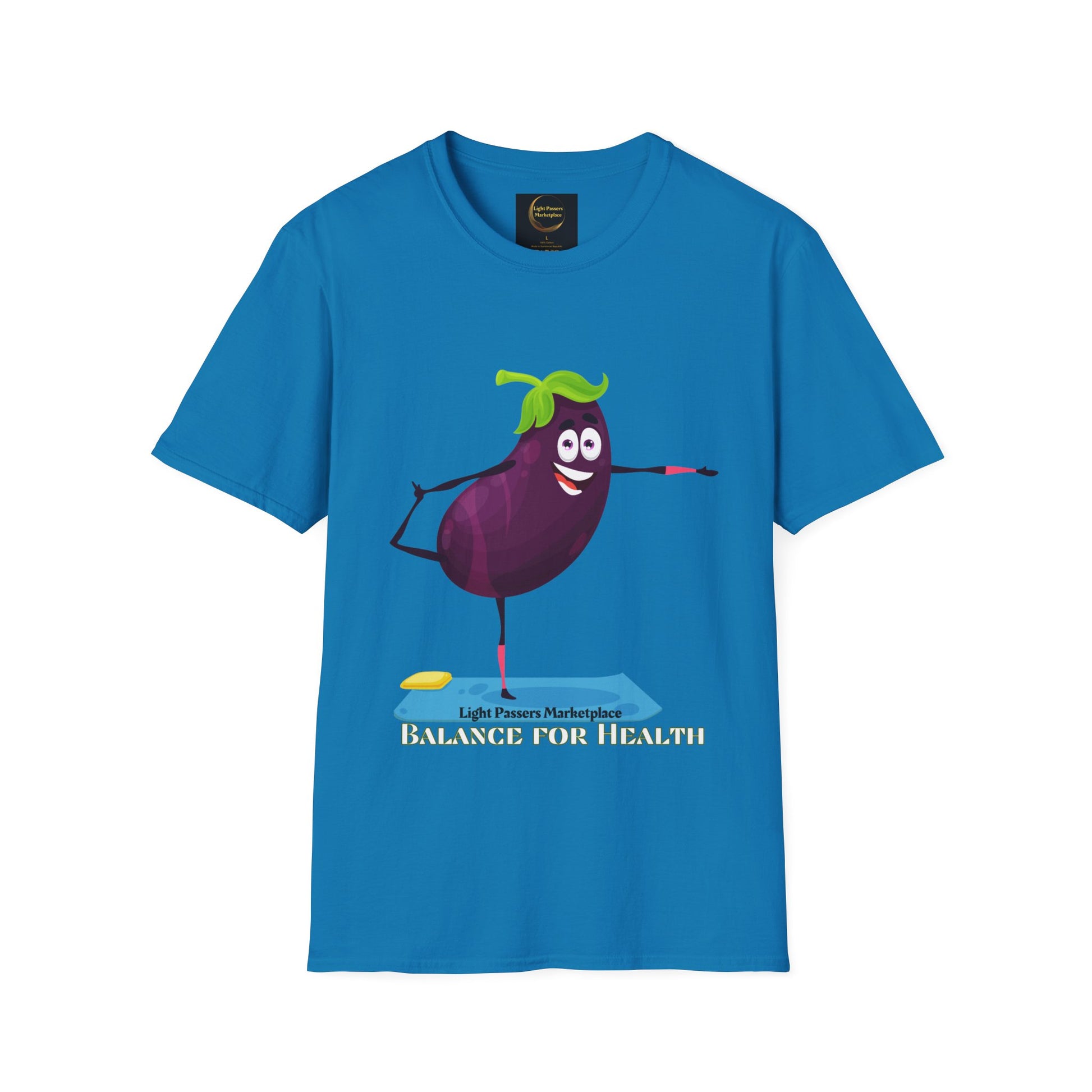 A blue unisex t-shirt featuring a cartoon eggplant balancing on one leg. Made of soft 100% ring-spun cotton, with twill tape shoulders and ribbed collar. Ethically sourced and Oeko-Tex certified.