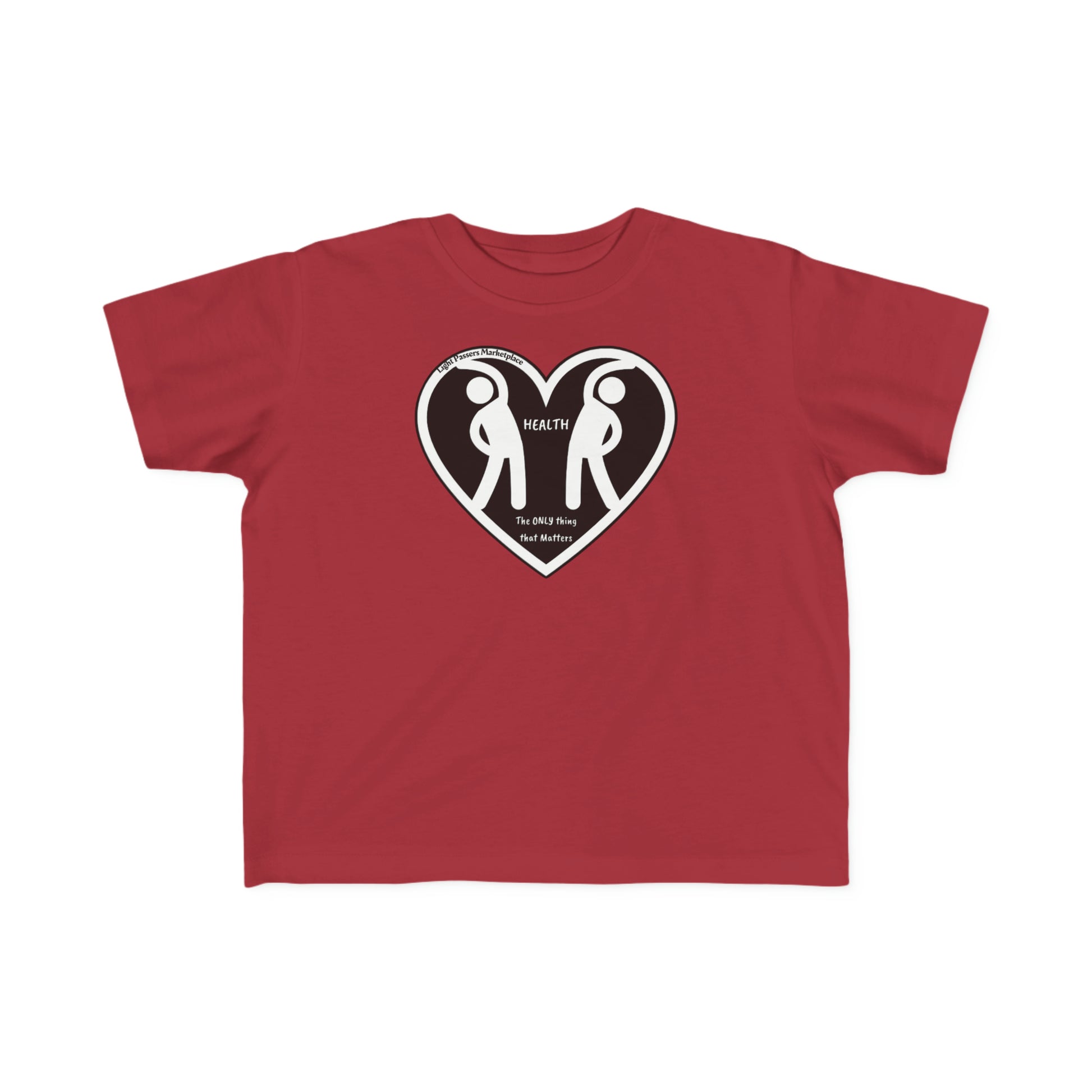 A red toddler T-shirt featuring a heart design with two people, made of soft 100% combed cotton. Durable print, light fabric, tear-away label, classic fit. Ideal for sensitive skin.