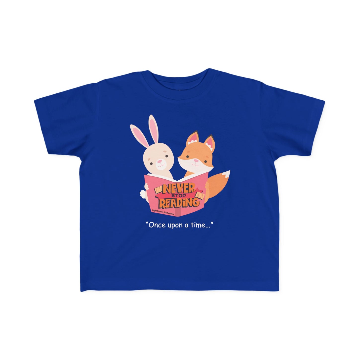 Royal-blue toddler tee with cartoon rabbit and fox reading NEVER STOP READING, embodies gentle storytelling adventures, perfect for inspiring young readers.