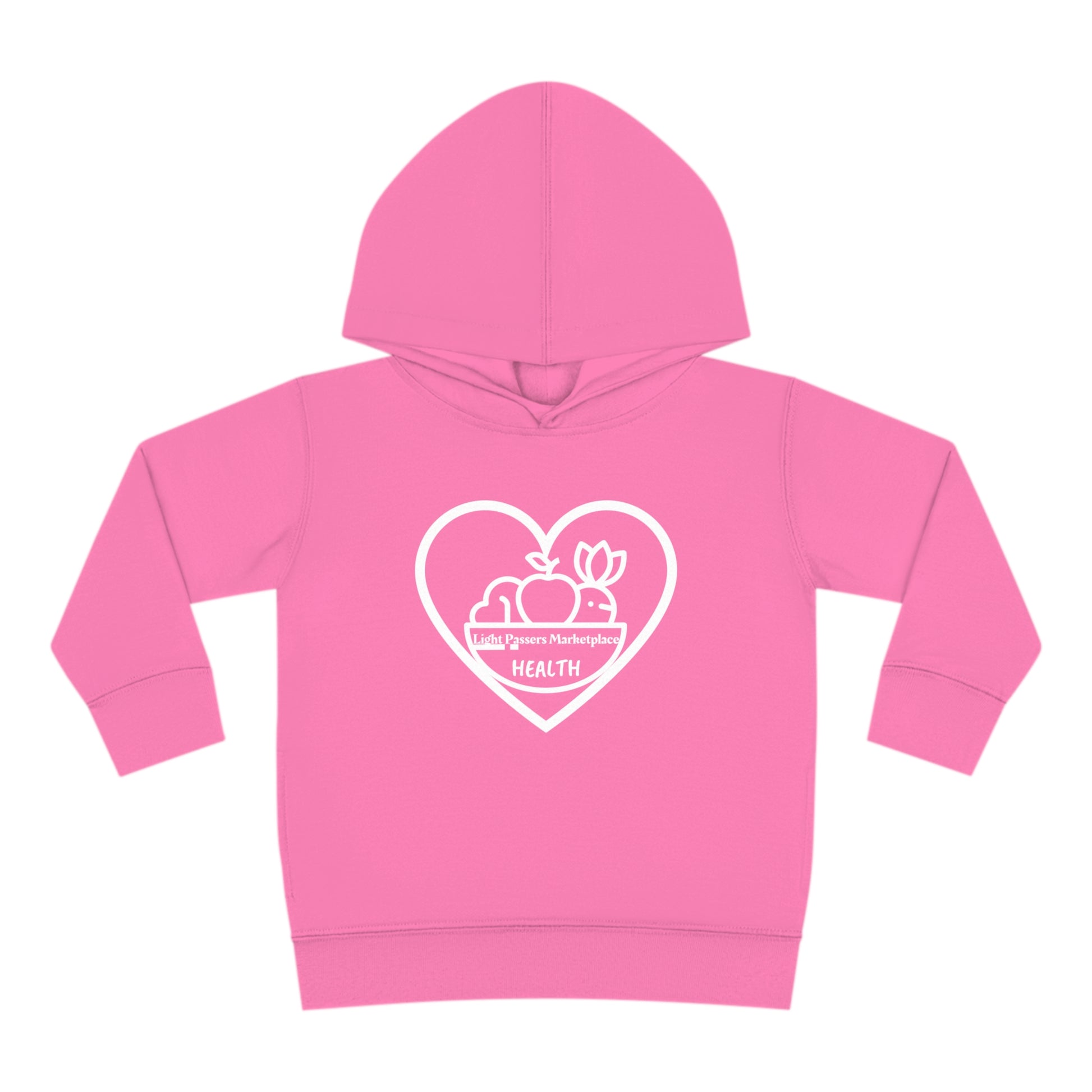 A toddler hoodie featuring a heart and fruit logo, with side seam pockets and cover-stitched details for durability and comfort. Made of 60% cotton, 40% polyester blend.