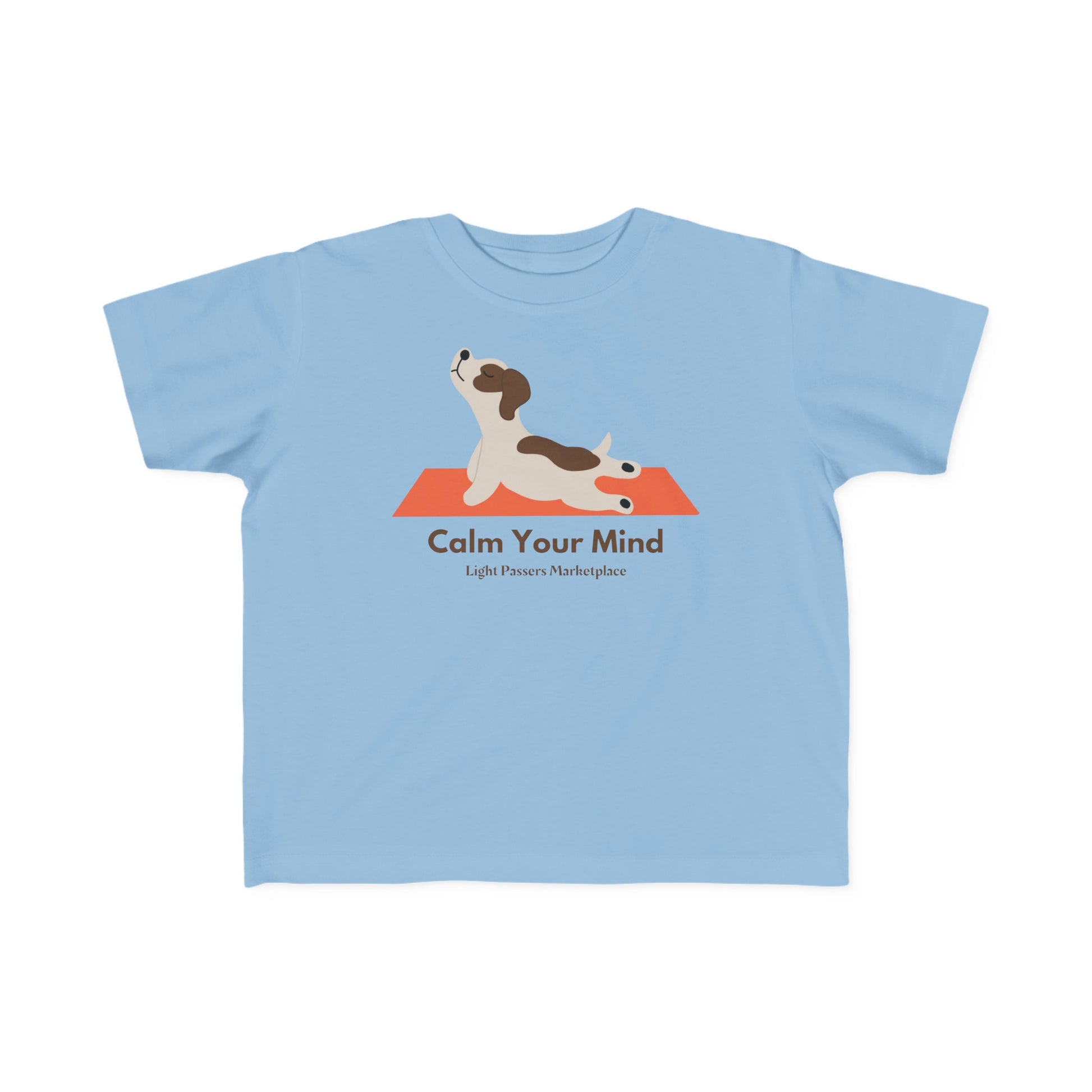 A toddler's Calm Dog T-shirt featuring a serene dog print on soft, durable fabric. 100% combed cotton, light fabric, tear-away label, and a classic fit for comfort.