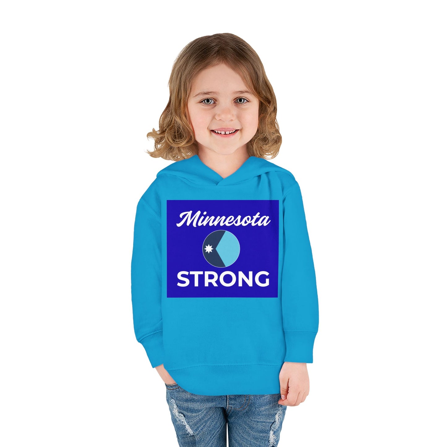 Young girl in a blue Minnesota Strong hoodie with pockets, showcasing a square graphic and emblem, symbolizing state pride and warmth.