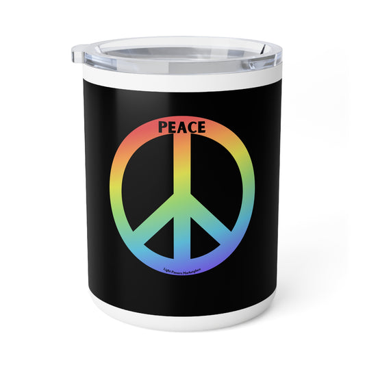 Love and Peace Peace Insulated Mug — 10oz Travel Coffee Tumbler with a rainbow peace symbol and “PEACE” print, featuring a clear lid from Light Passers Marketplace.