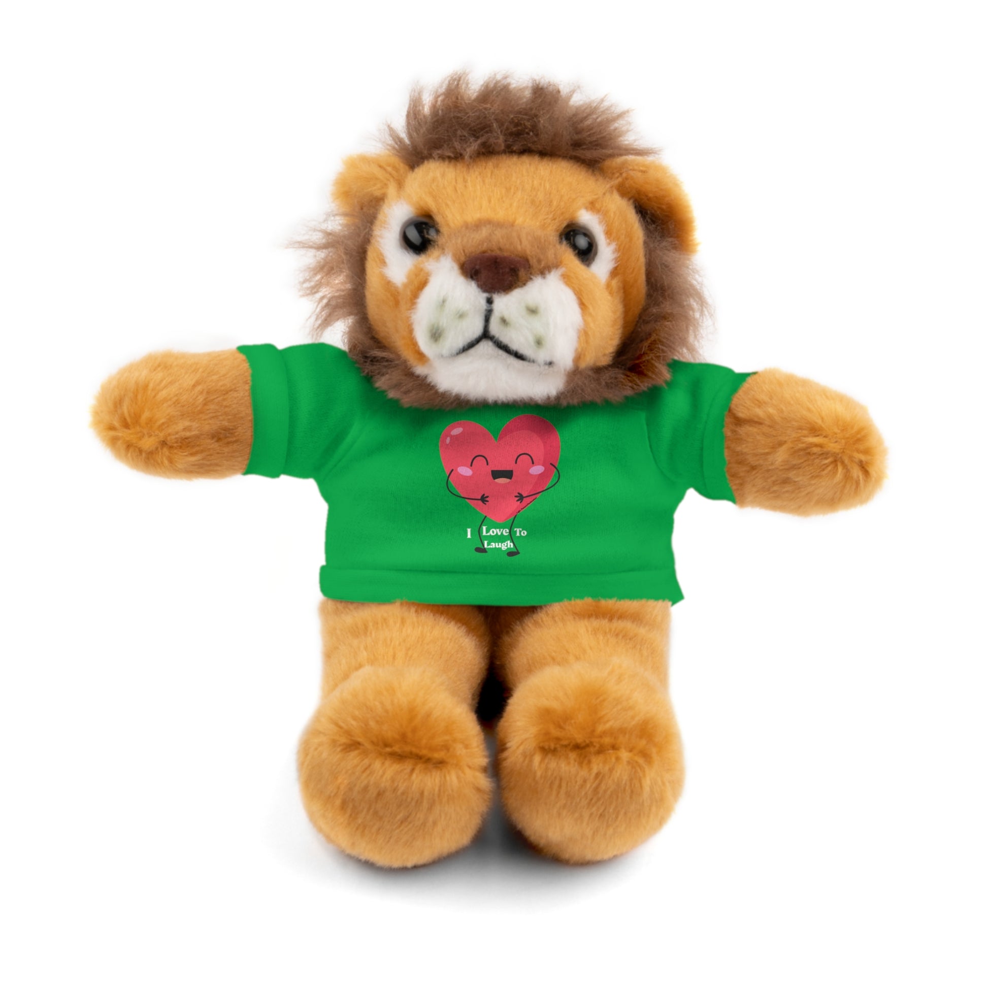 Stuffed animal in a removable I Love to Laugh heart-themed green shirt, part of the Cool Stuff Stuffies collection, offering six animal choices.