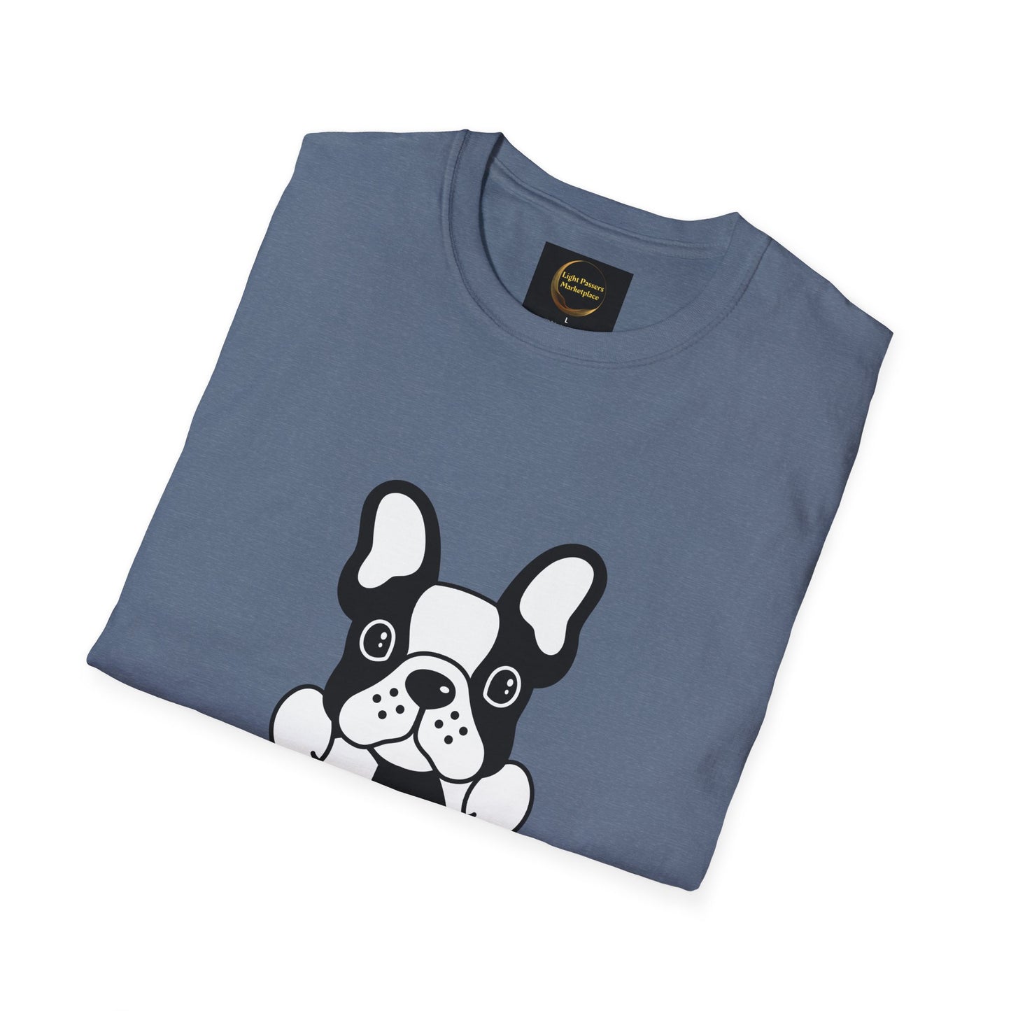 Slate-blue unisex T-shirt featuring a cartoon French bulldog face print at the bottom, showcasing casual comfort and durability, titled Soccer Dog Unisex T-Shirt.