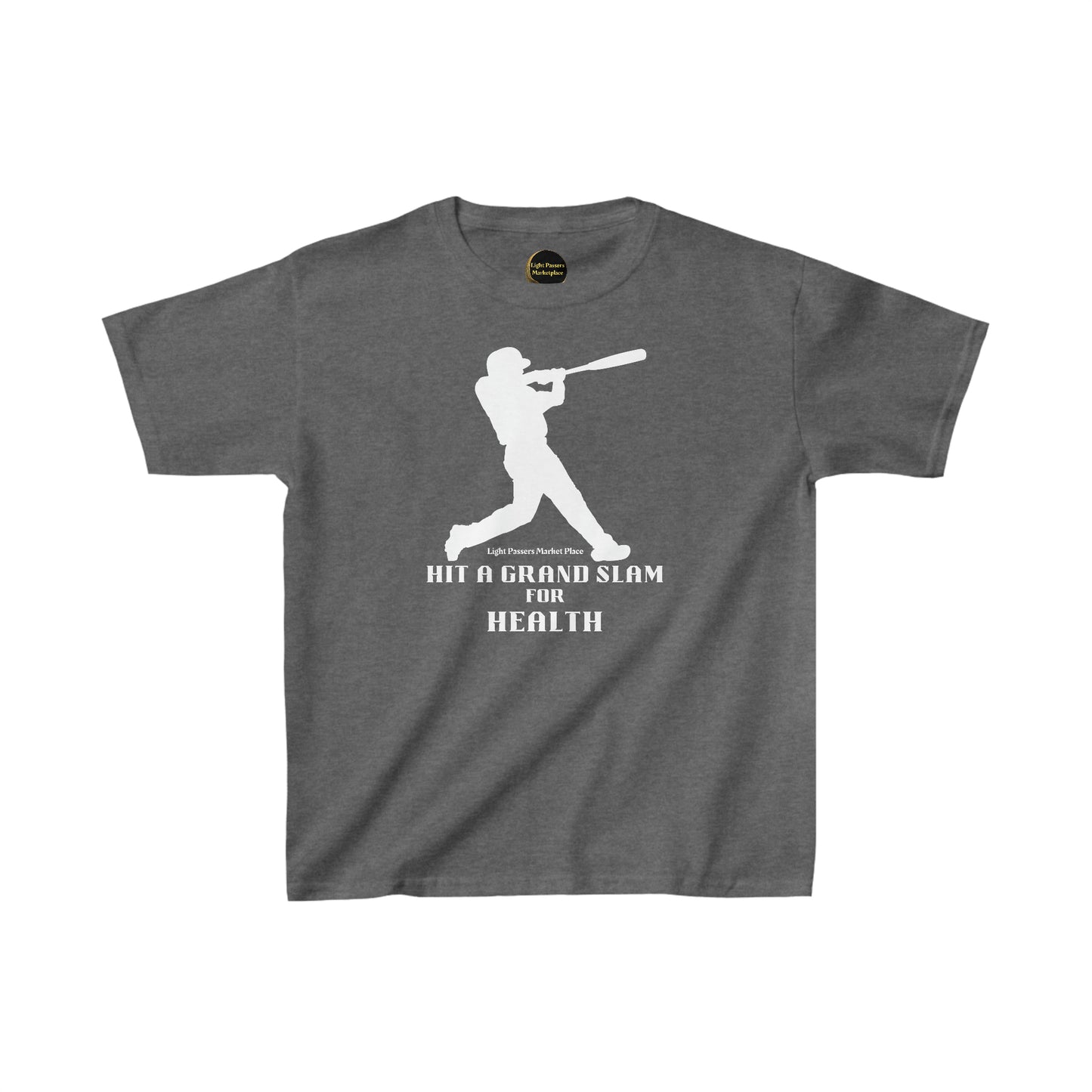 A grey youth t-shirt featuring a baseball player swinging a bat, made of 100% cotton for solid colors, with twill tape shoulders and curl-resistant collar. Ethically sourced US cotton.