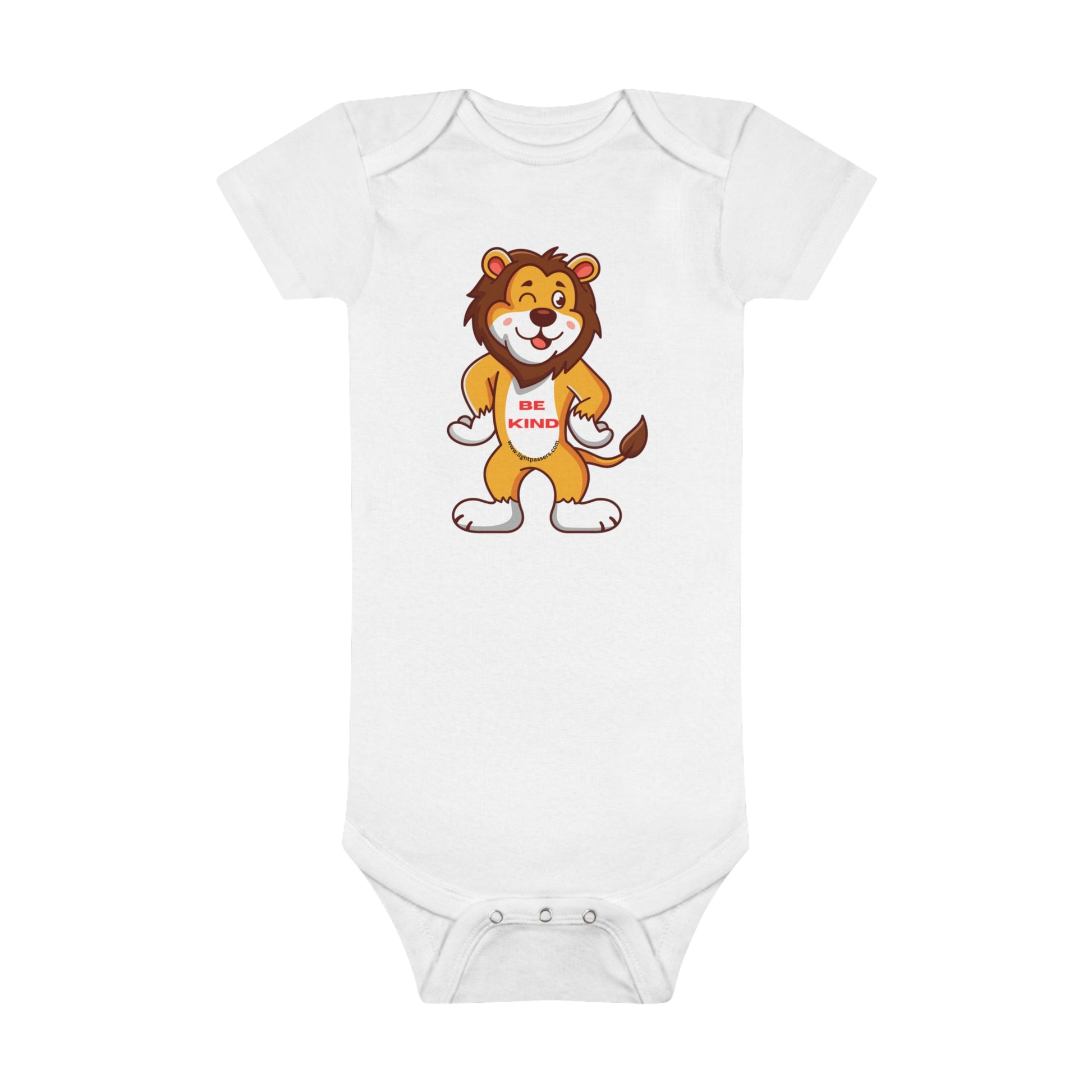 Organic white baby bodysuit featuring a cartoon lion design, made of 100% cotton rib for softness and breathability. Snap closure and ribbed legs for secure fit.