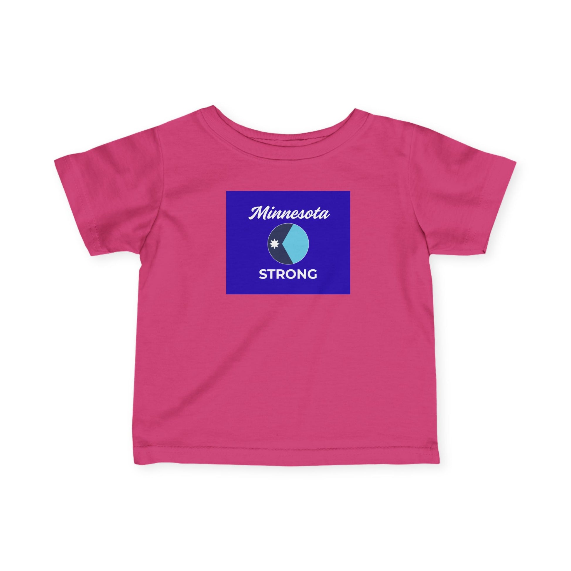 Toddler-sized pink crew-neck T-shirt featuring “Minnesota STRONG” graphic with lake-and-sun emblem, reflecting pride and resilience. Perfect for layering, made of soft cotton.