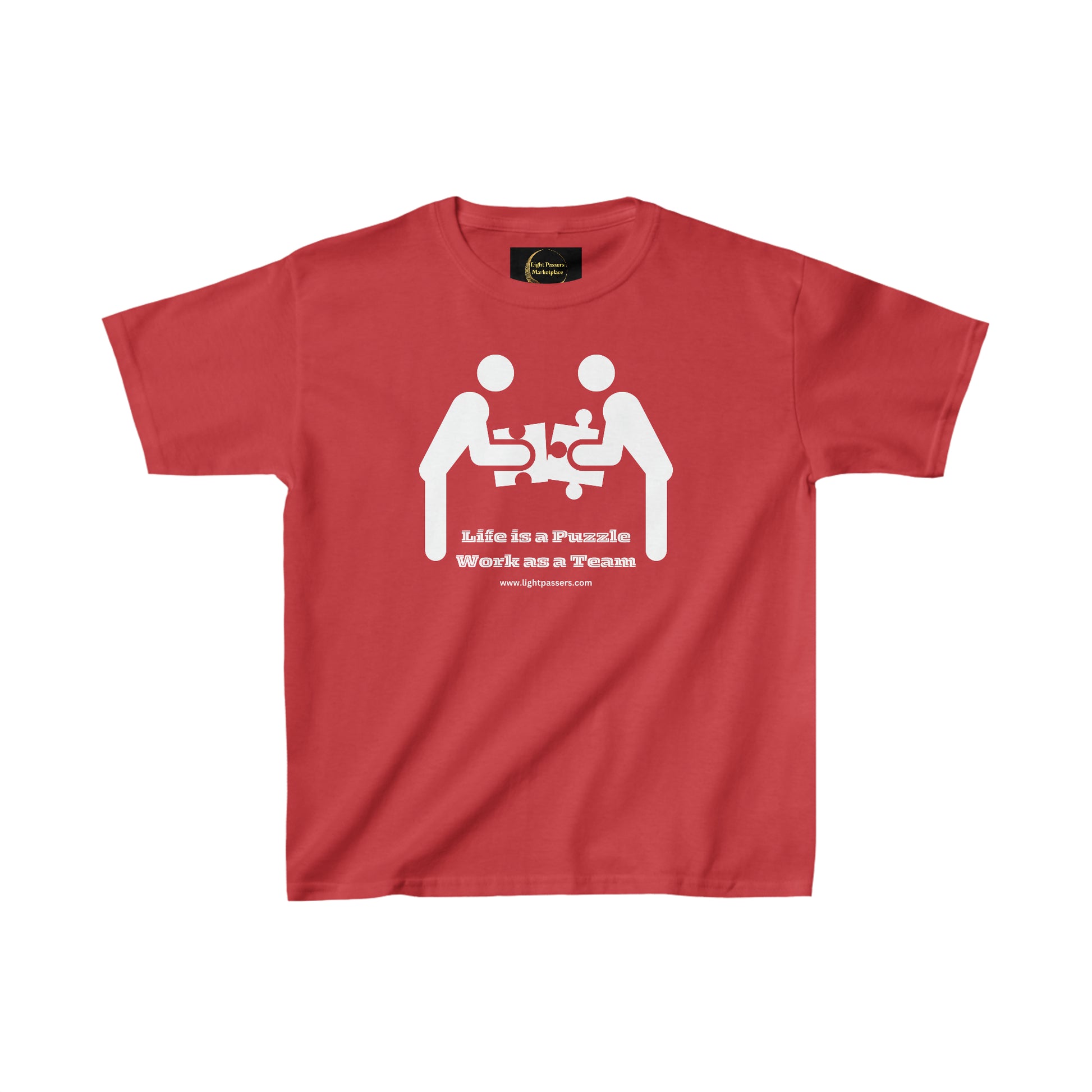 Youth red cotton tee with white puzzle piece graphic. Durable twill tape shoulders, curl-resistant ribbed collar. 100% cotton, ideal for printing. Tear-away label, classic fit, midweight fabric.