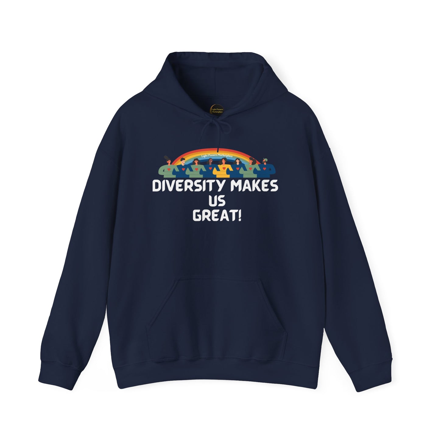 A blue unisex hooded sweatshirt with a rainbow design and white text. Made of 50% cotton and 50% polyester, featuring a kangaroo pocket and color-matched drawstring for style and comfort.