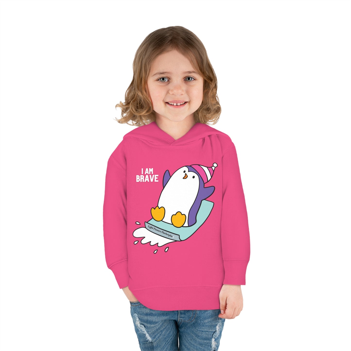 Toddler hoodie featuring a Brave Penguin design. Jersey-lined hood, cover-stitched details, side seam pockets for coziness. 60% cotton, 40% polyester blend for durability and comfort.