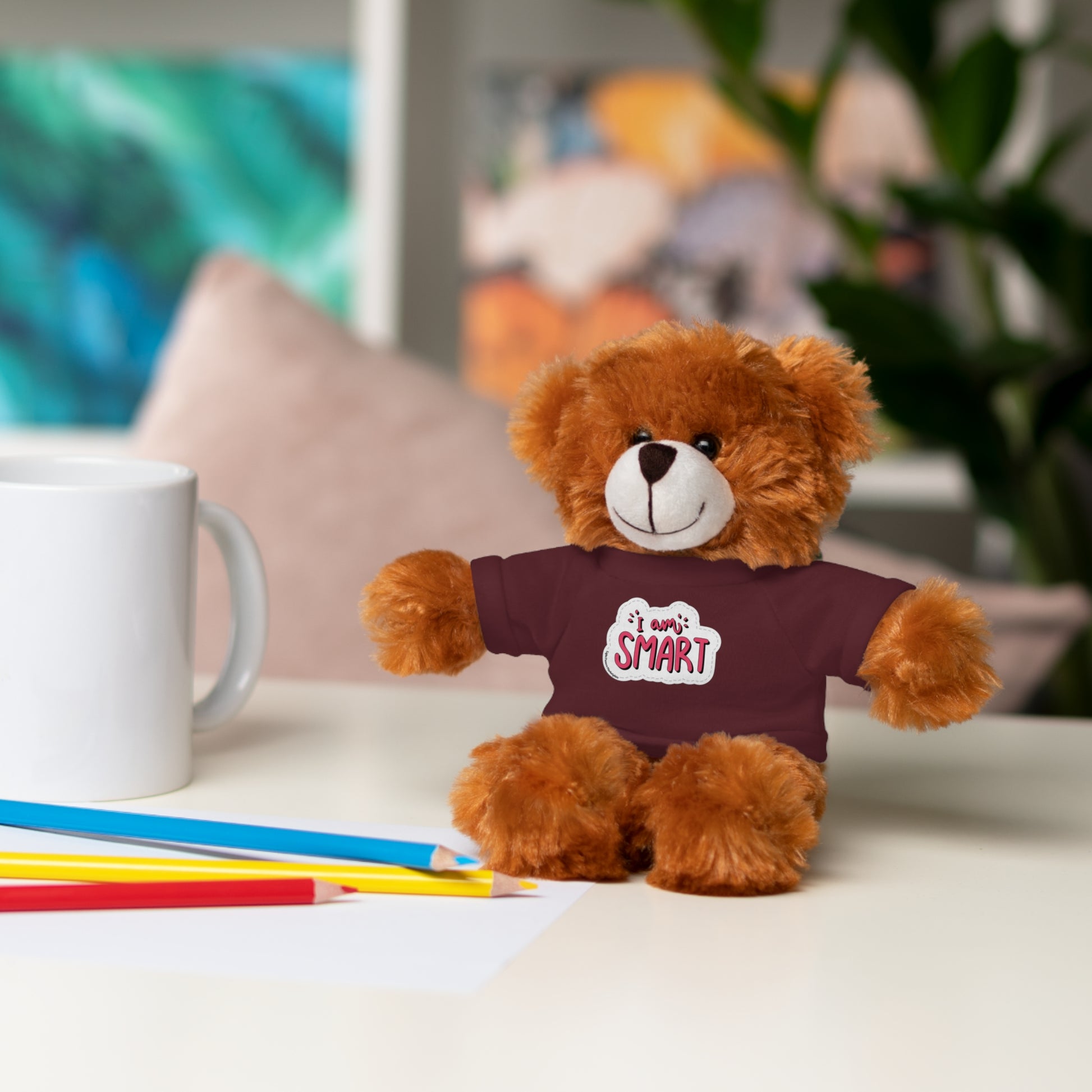 Cool Stuff Stuffies: 6 plush animals featuring 'I am Smart' T-shirts, perfect for educational play. Includes bear, sheep, bunny, jaguar, panda, and lion.